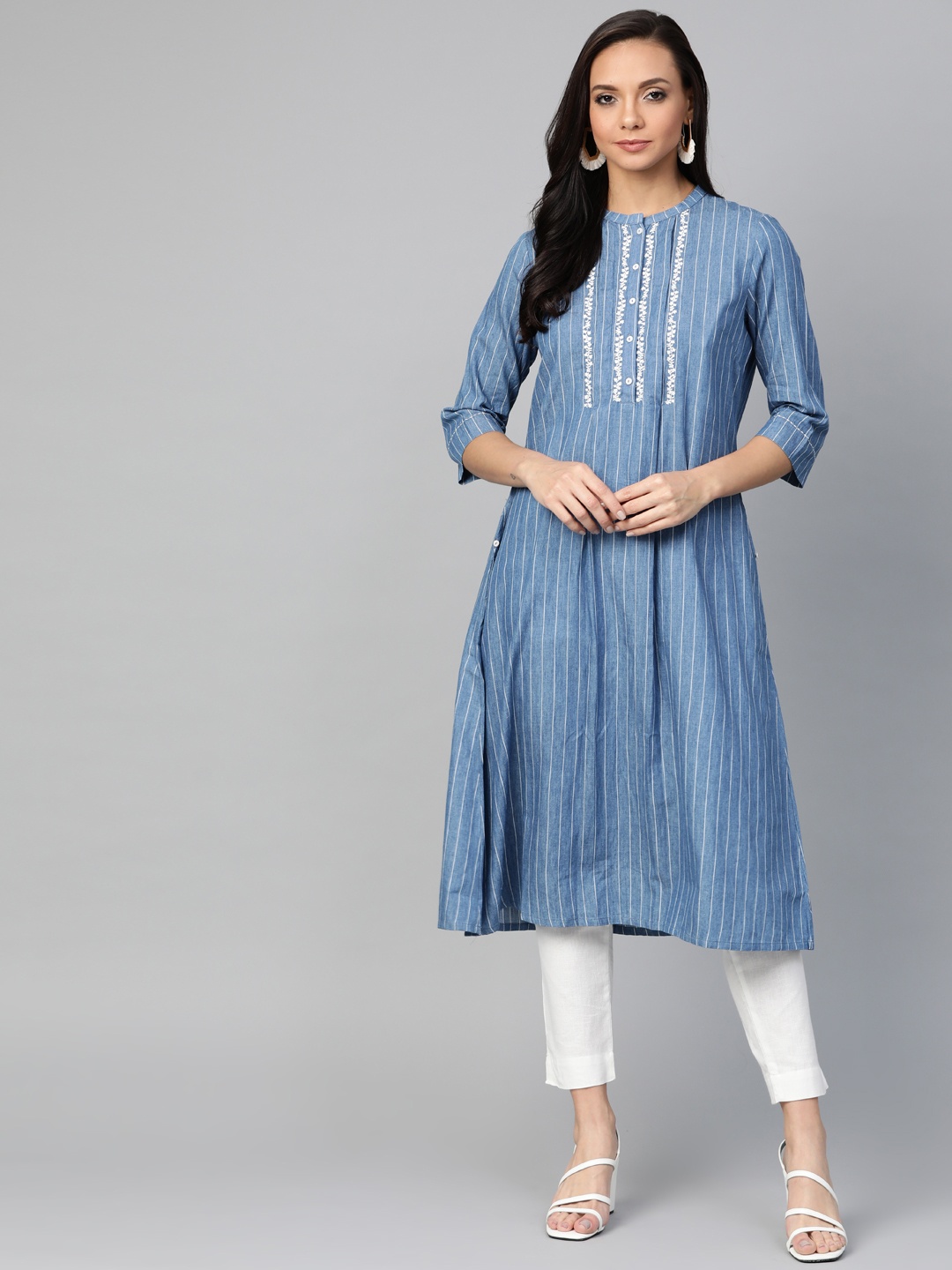 

W Women Blue & White Striped A-Line Kurta