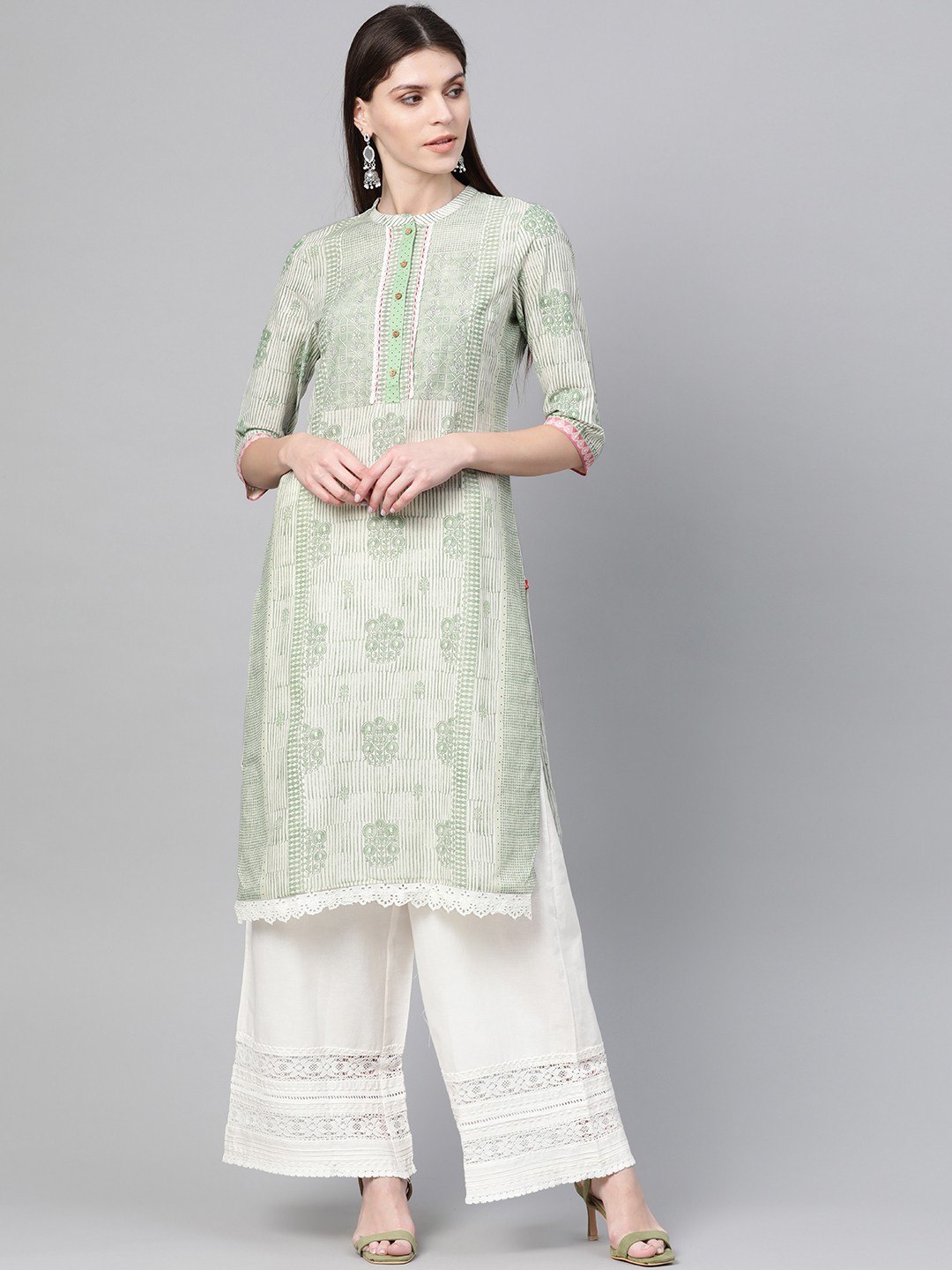 

W Women Green & White Ethnic Printed Straight Kurta