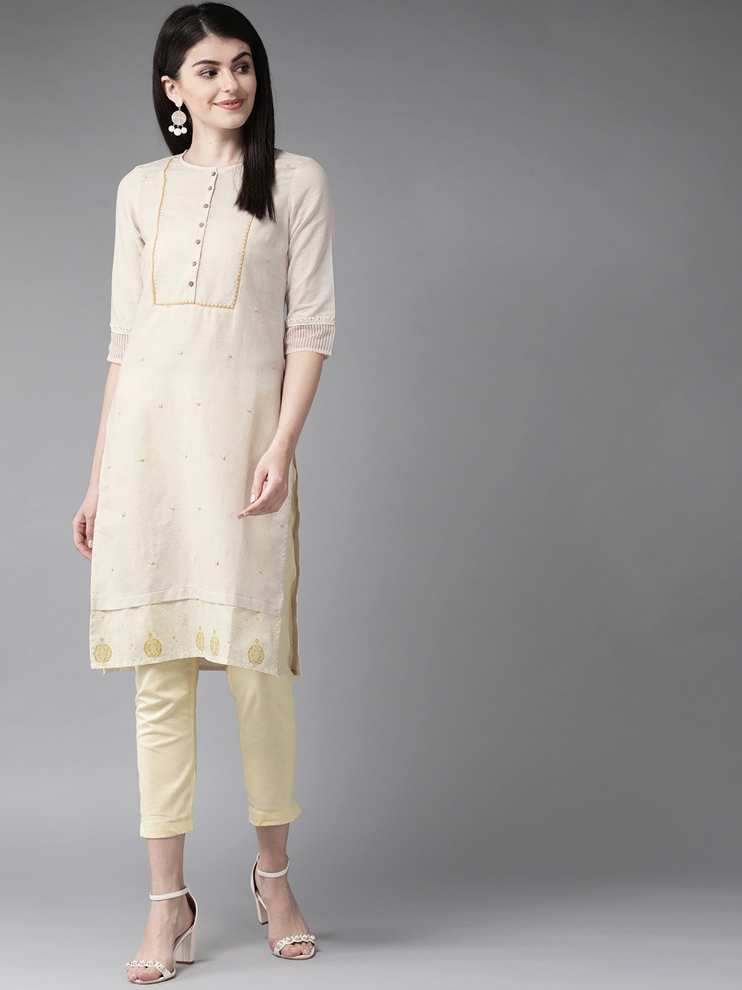 

W Women Off-White & Mustard Yellow Embroidered Straight Kurta