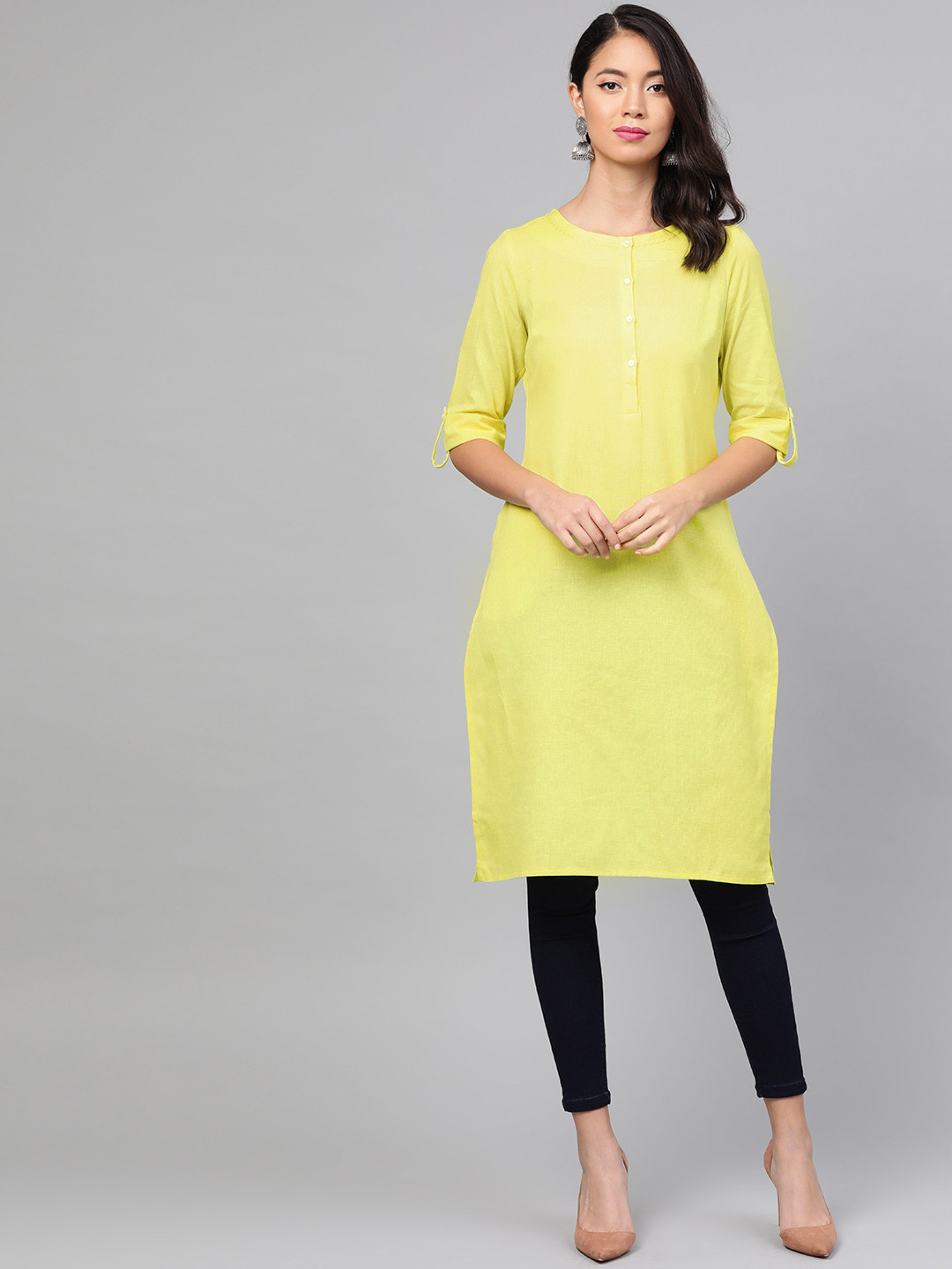 

W Women Straight Cotton Kurta, Lime green