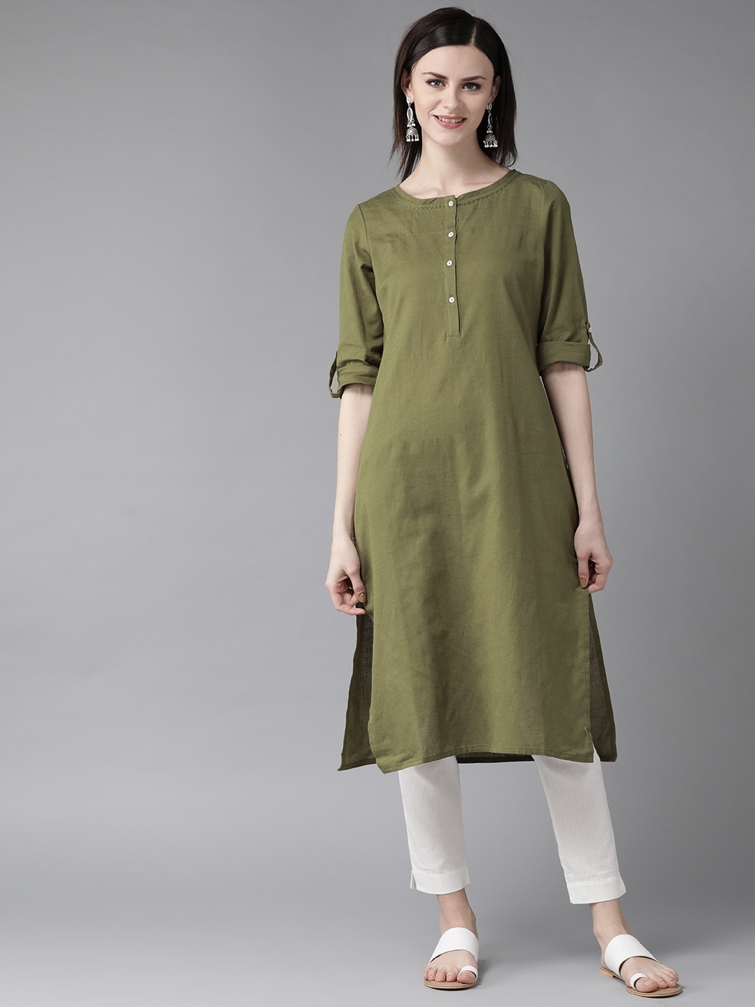 

W Straight Cotton Kurta, Olive