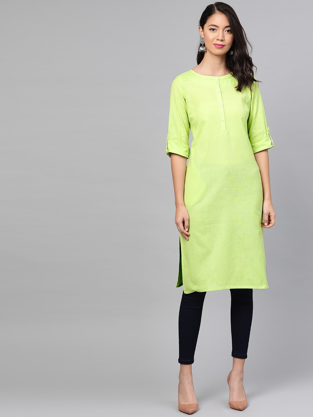 

W Women Straight Cotton Kurta, Lime green