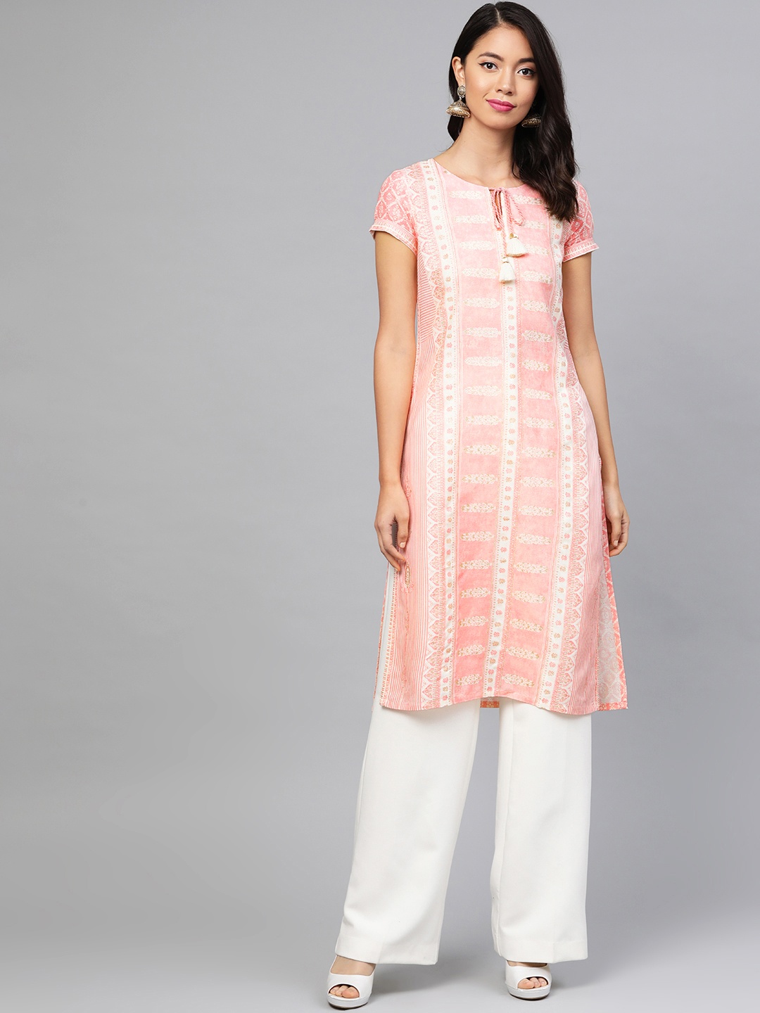 

W Women Pink & Off-White Printed Straight Kurta