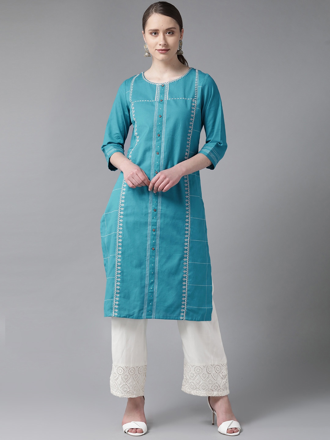 

W Women Blue & White Embroidered Straight Kurta