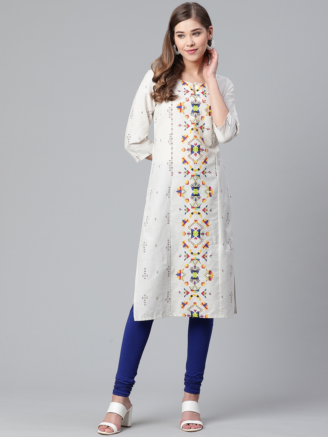 

W Women Off-White & Mustard Yellow Printed Straight Kurta
