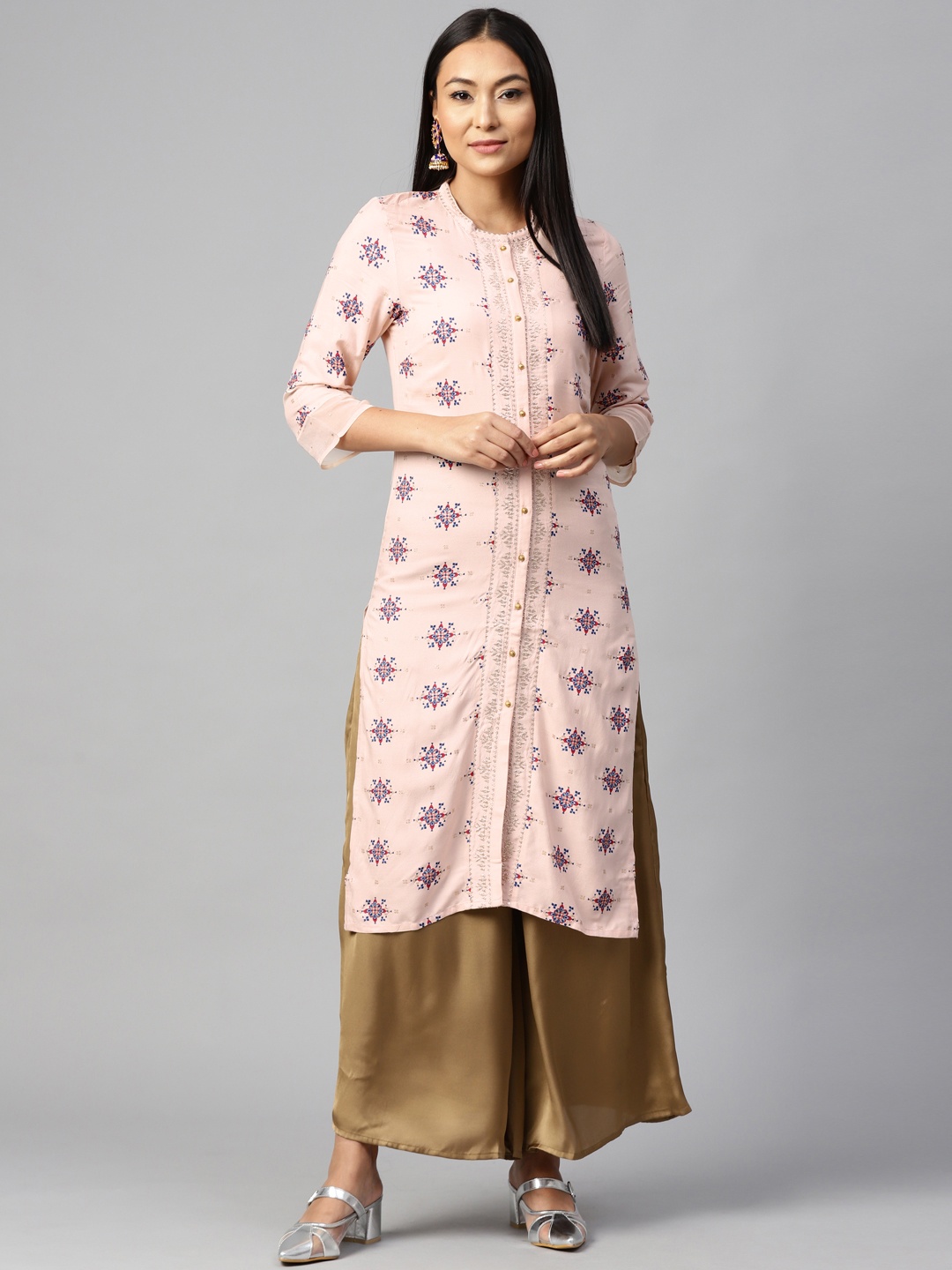 

W Women Peach-Coloured Ethnic Printed Straight Kurta