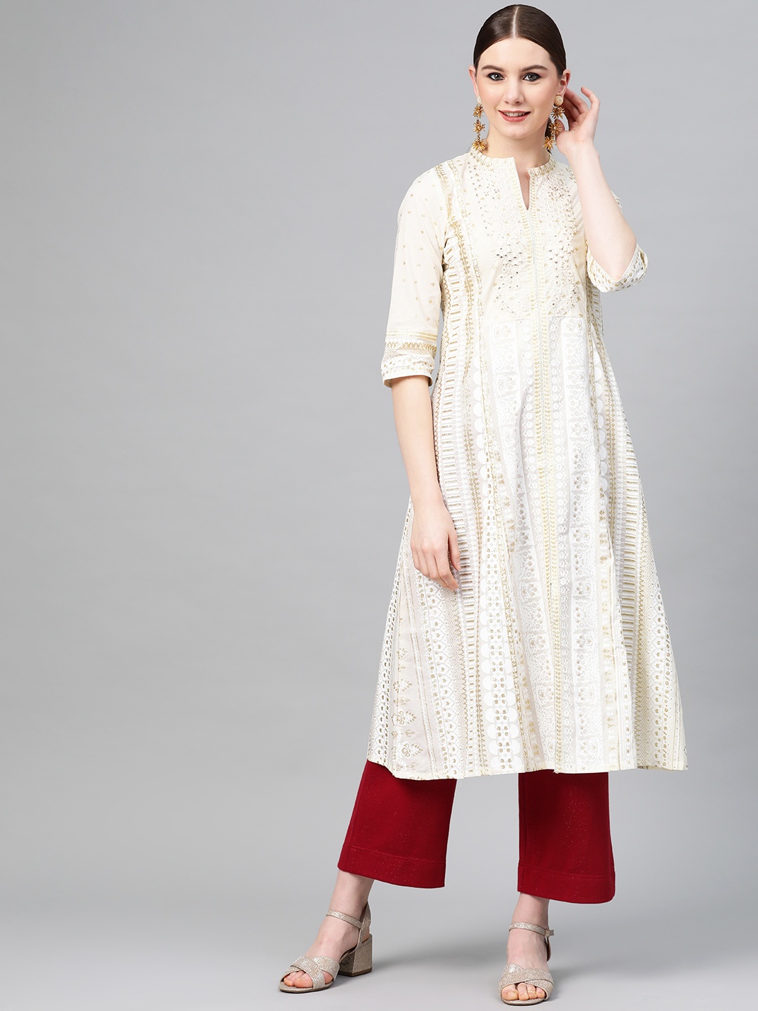 

W Women White & Golden Printed A-Line Kurta