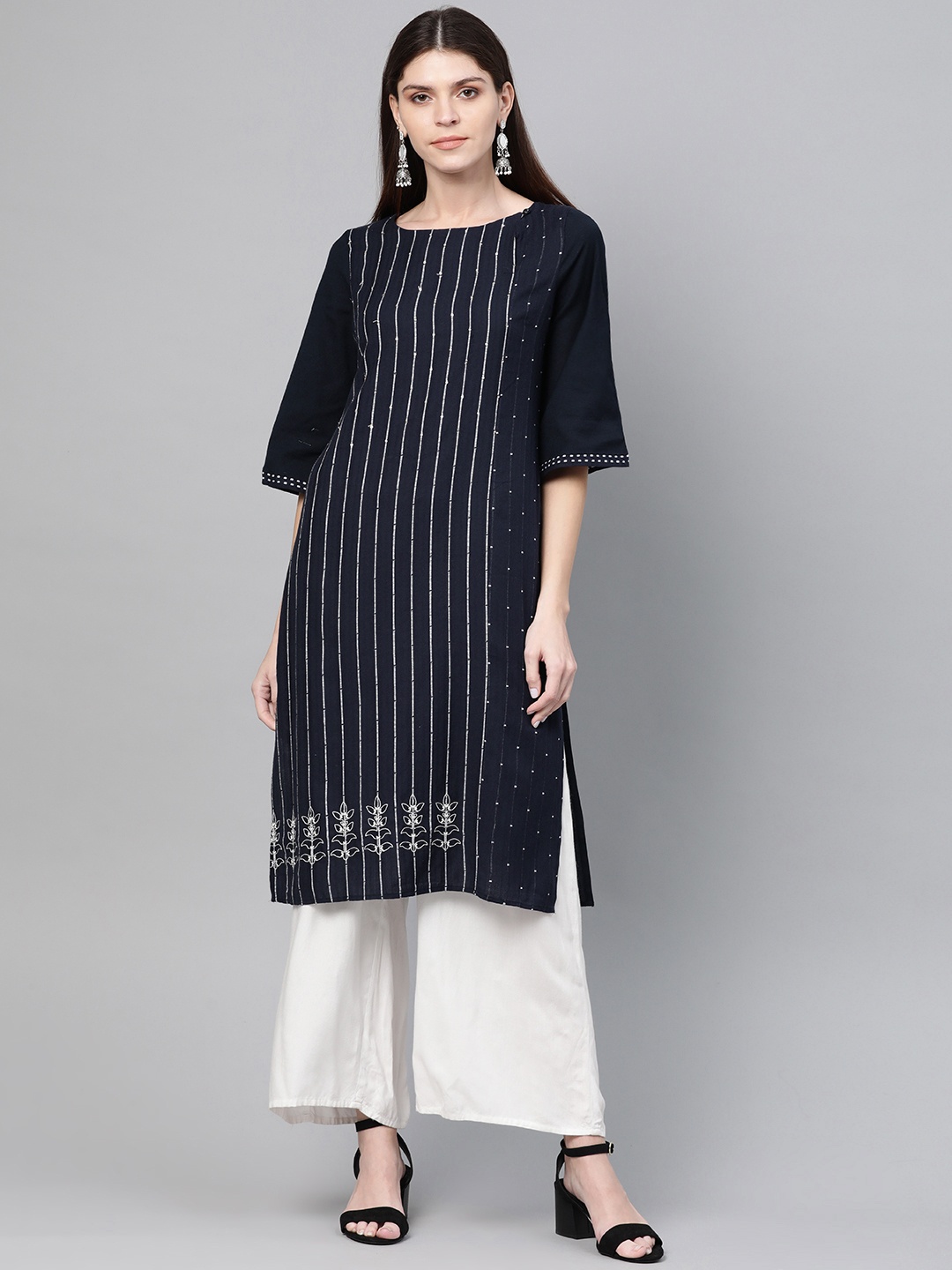 

W Women Straight Cotton Kurta, Navy blue