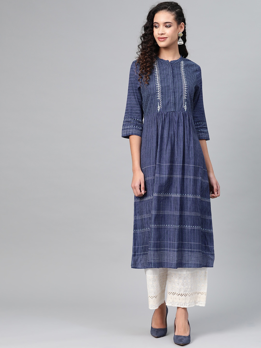 

W Women Navy Blue Striped A-Line Kurta