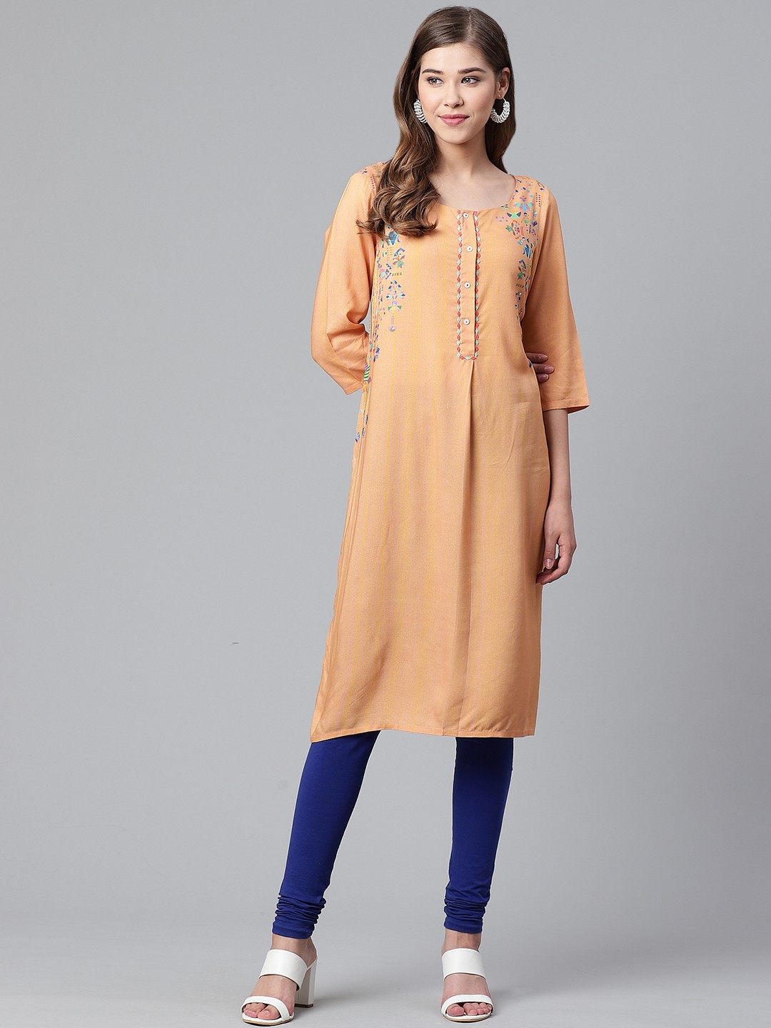 

W Women Peach-Coloured Yoke Design Straight Kurta