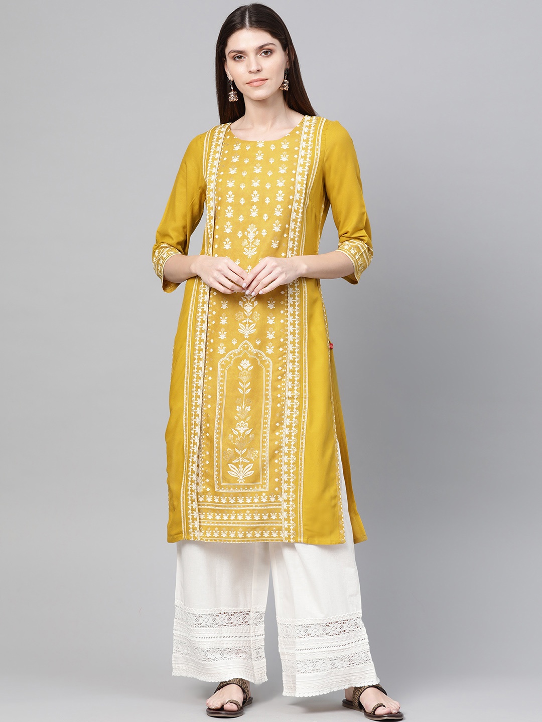 

W Women Mustard Yellow & Off-White Ethnic Printed Straight Kurta