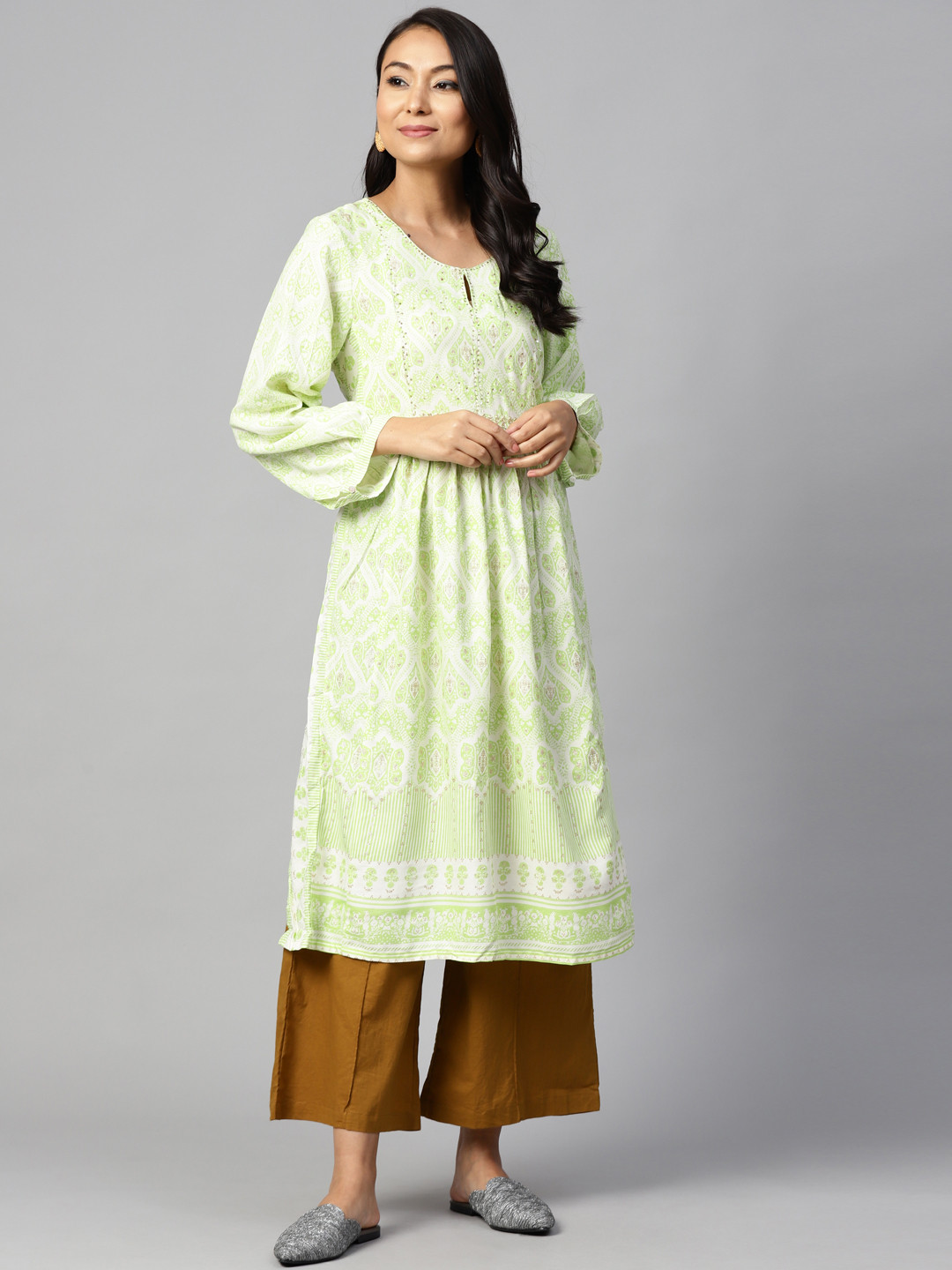 

W Women Green & White Printed A-Line Kurta