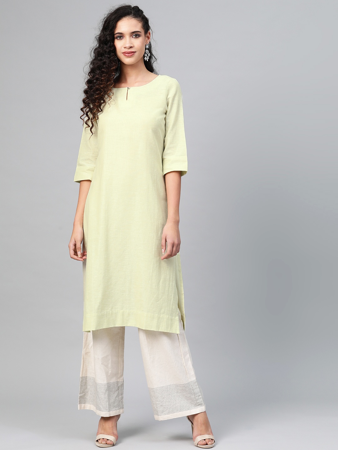 

W Women Green & Silver Self-Striped Straight Kurta