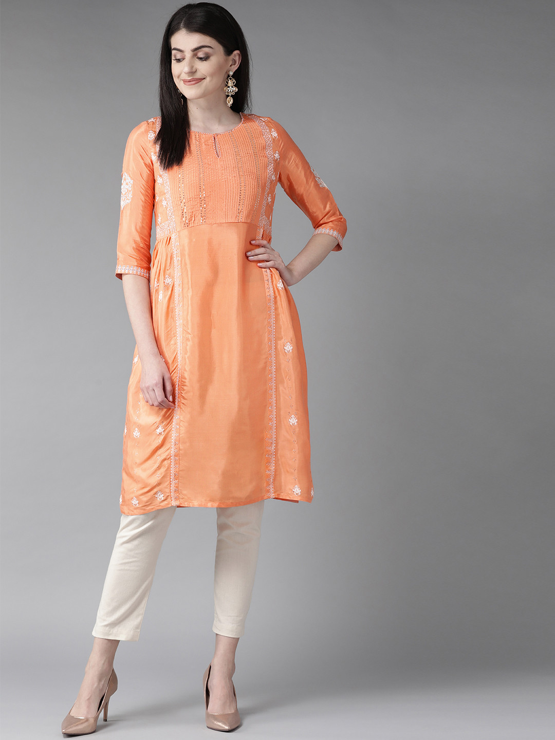 

W Women Orange & White Printed A-Line Kurta