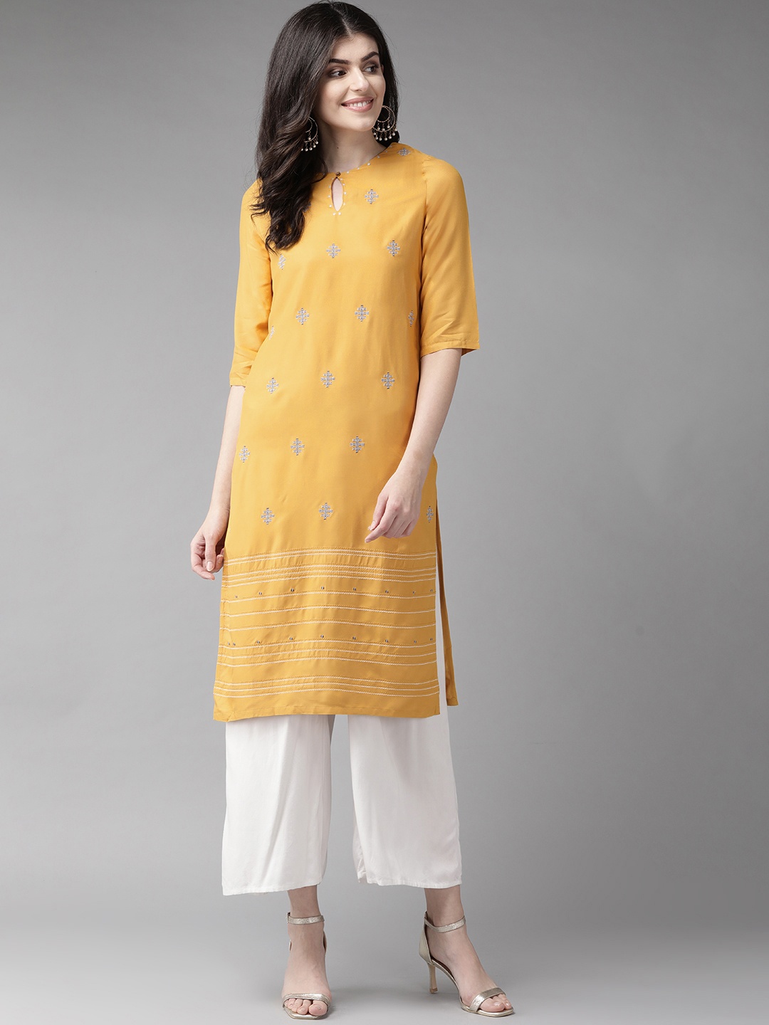 

W Women Mustard Yellow & Blue Embroidered Straight Sustainable Kurta