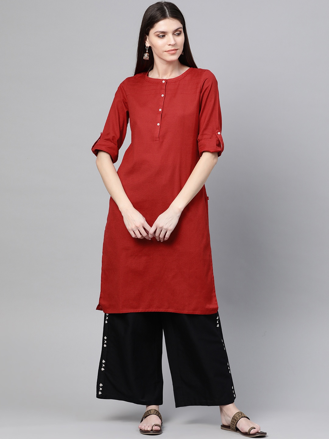 W Women Red Solid Straight Kurta
