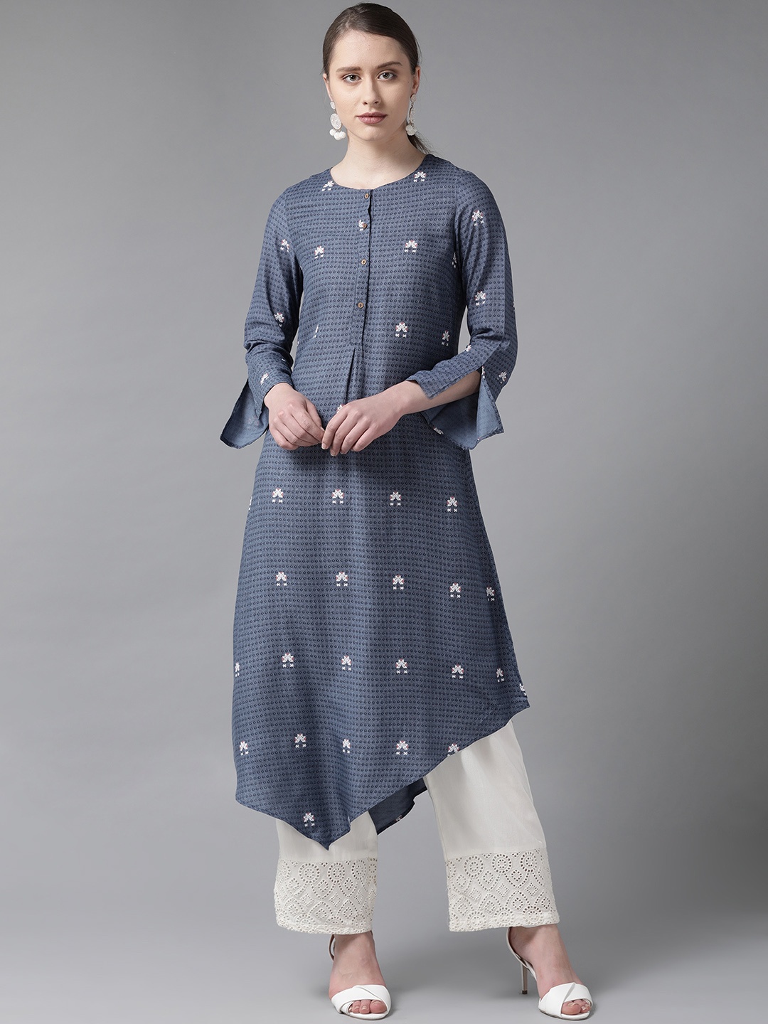 

W Women Navy Blue & White Printed Asymmetric Hemline A-Line Kurta