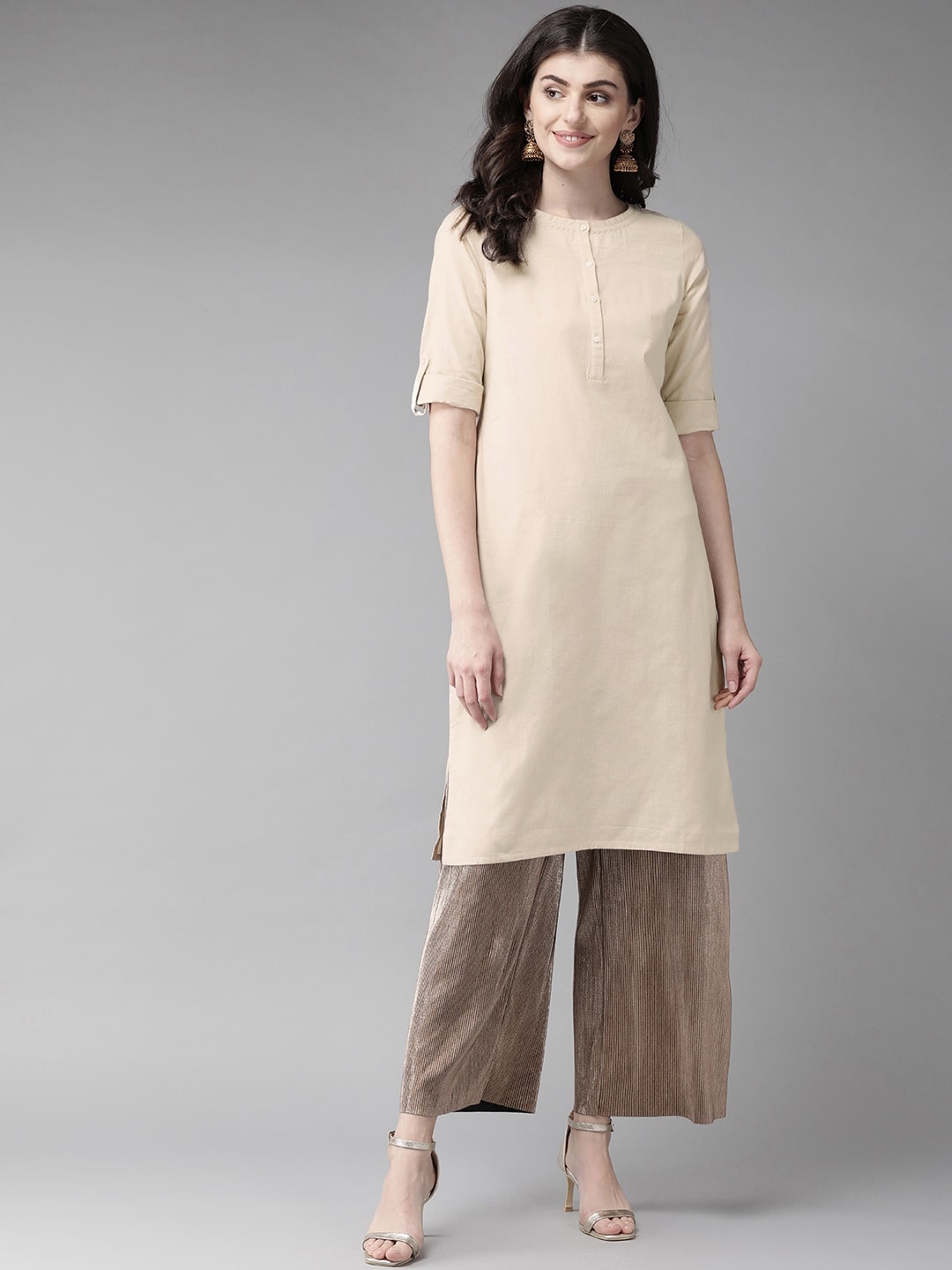 

W Women Solid Straight Kurta, Beige