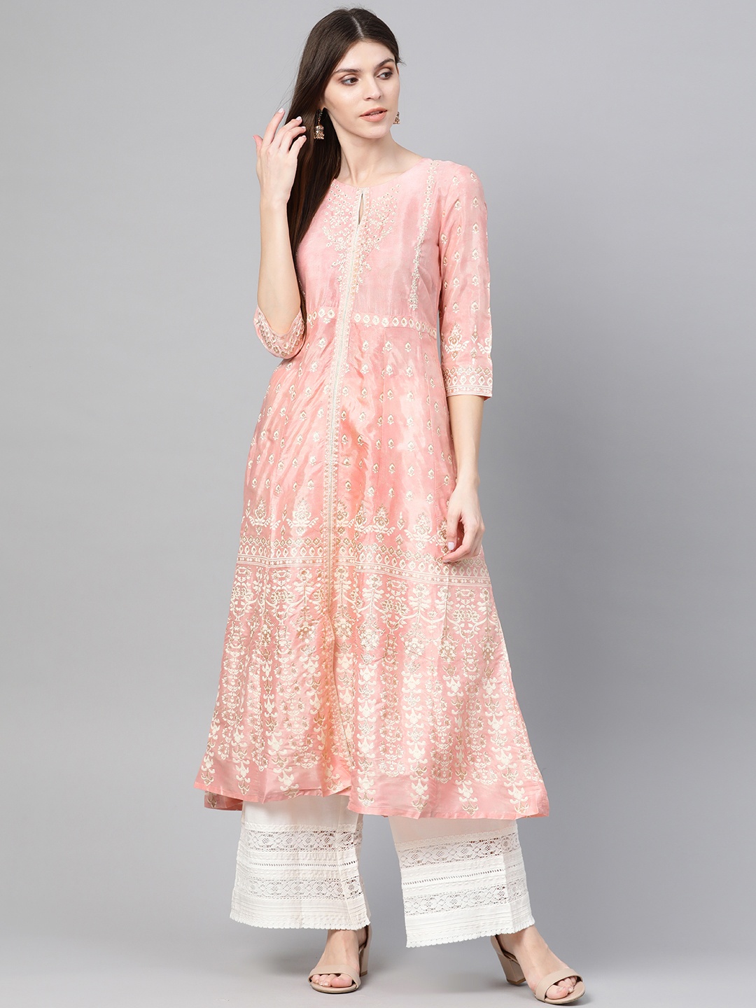 

W Women Peach-Coloured & Golden Ethnic Embroidered Panelled A-Line Kurta