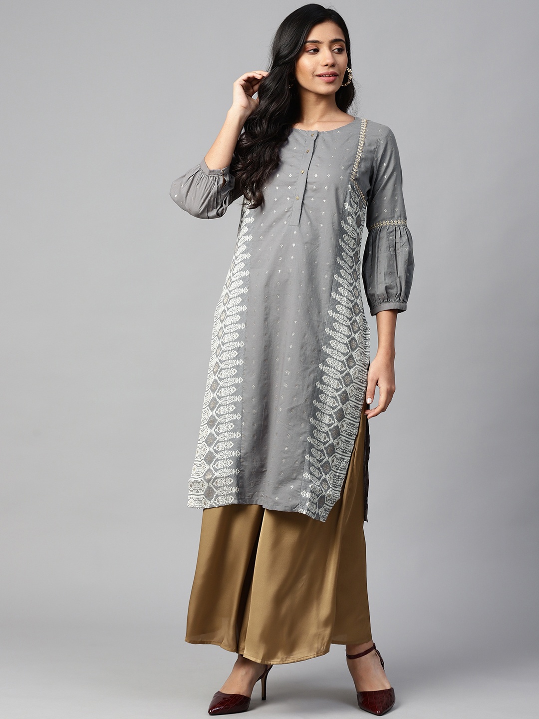 W Women Grey & Off-White Ethnic Patterned Straight Kurta with Glitter Print