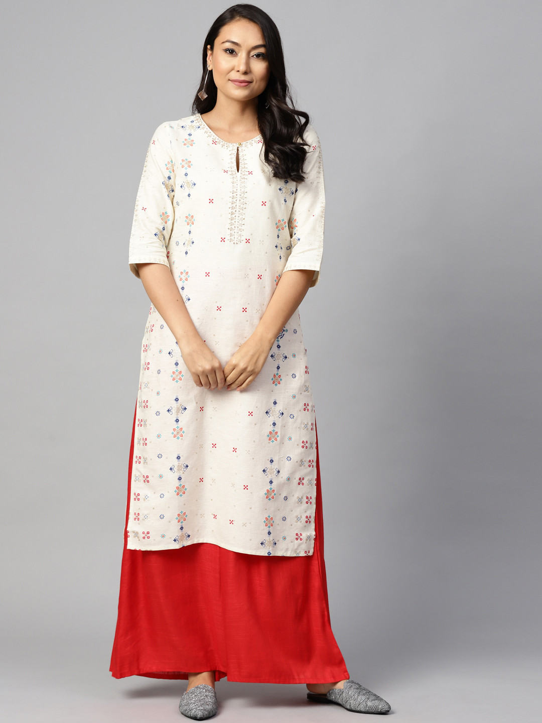 

W Women Off-White & Navy Blue Printed Straight Kurta