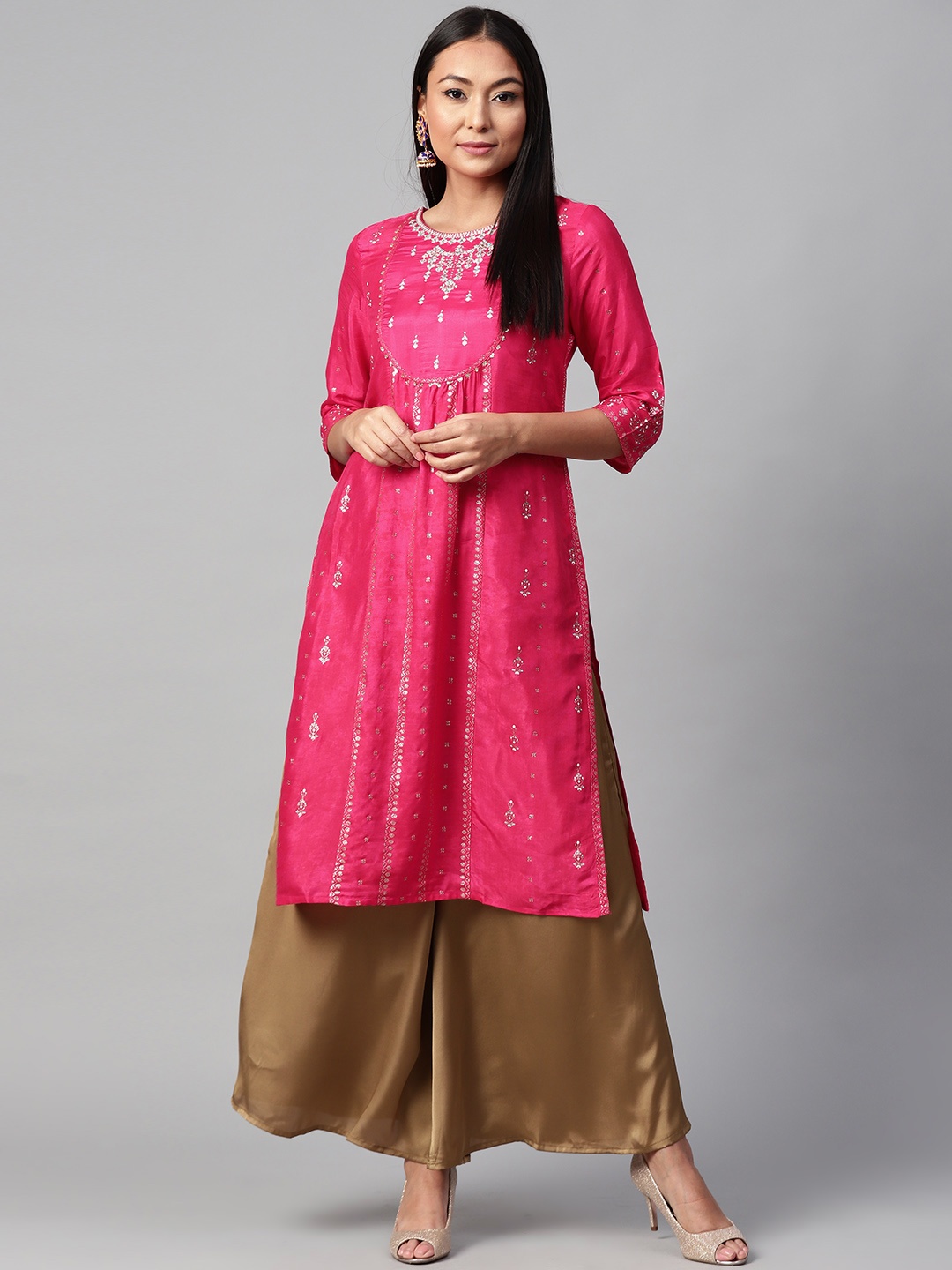 

W Women Pink & Silver Embroidered Straight Kurta
