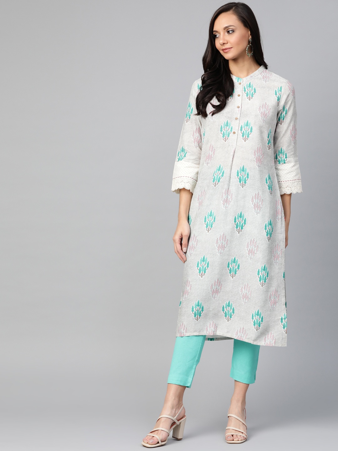 

W Women Grey & Green Printed Straight Kurta