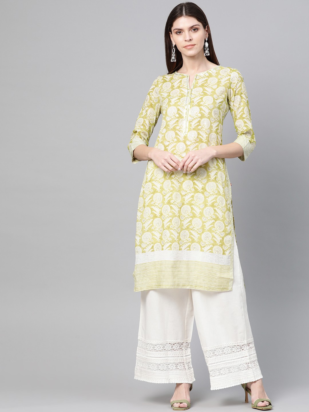 

W Women Straight Cotton Kurta, Lime green