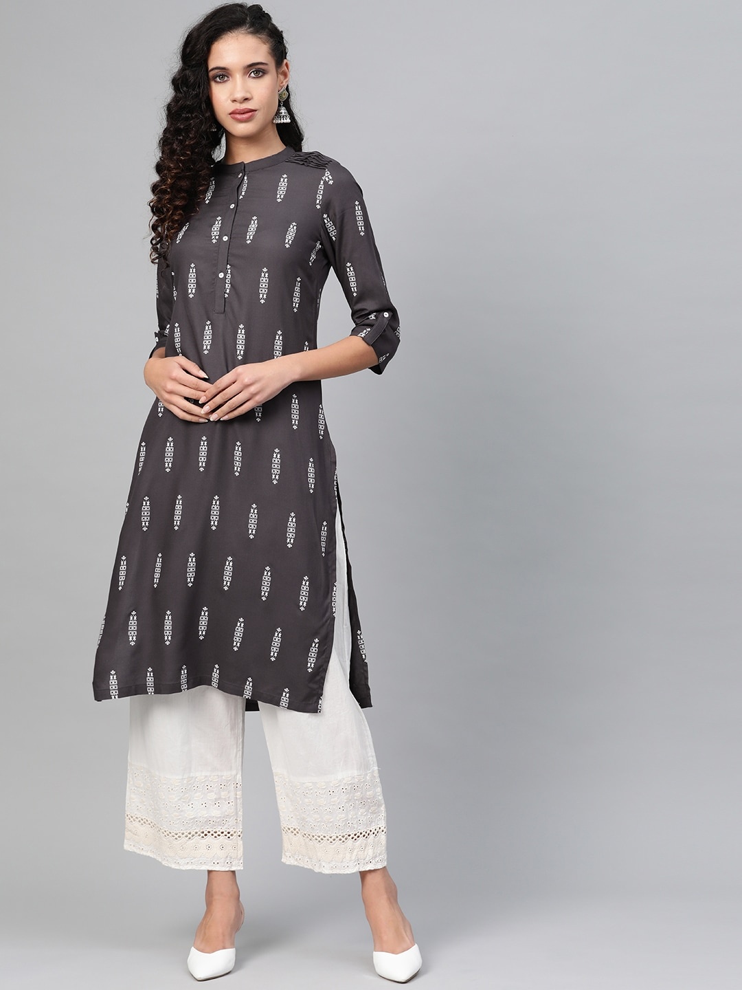 

W Women Charcoal Grey & White Printed Straight Sustainable Kurta