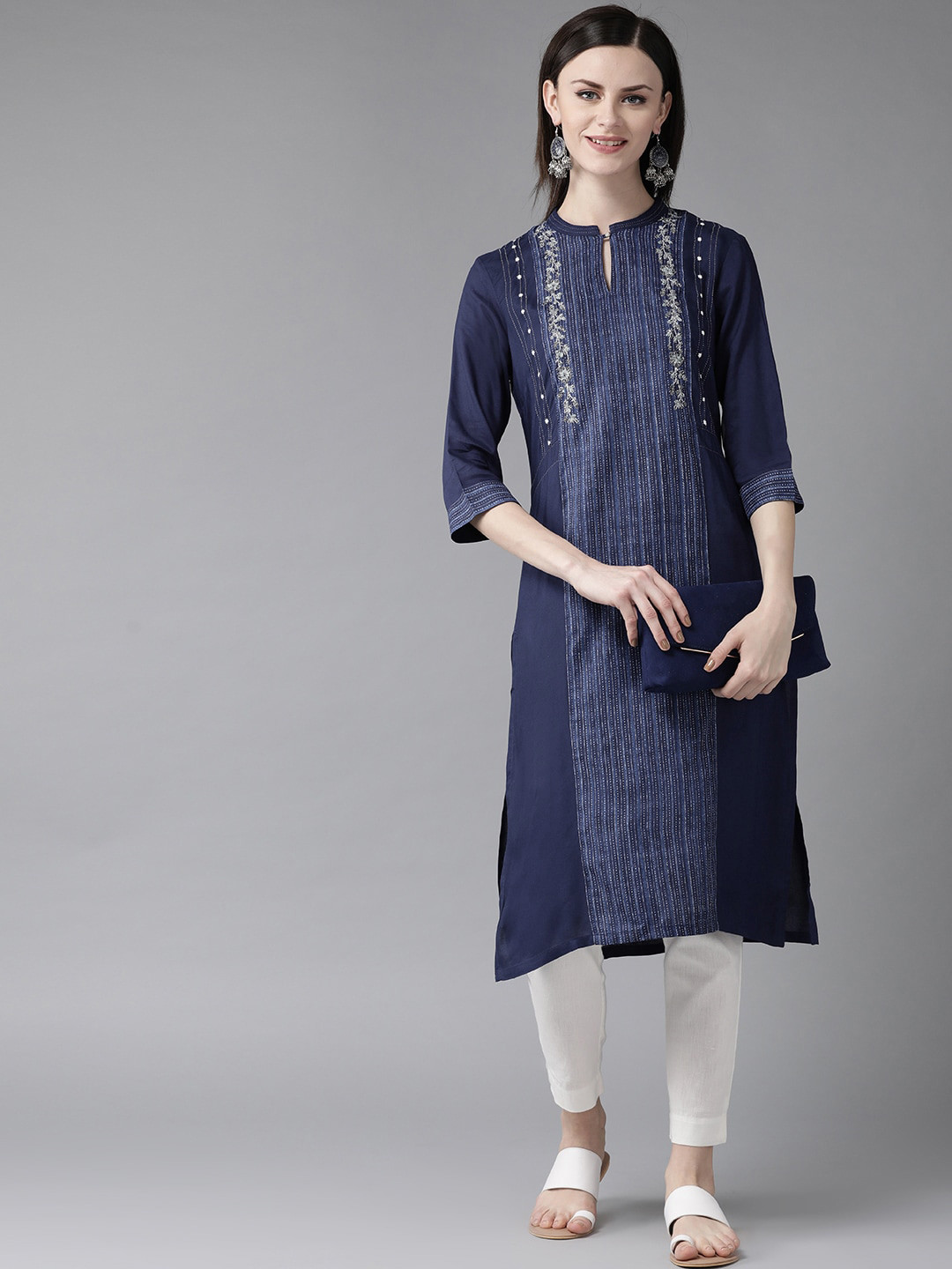 

W Women Navy Blue & White Striped Straight Sustainable Kurta