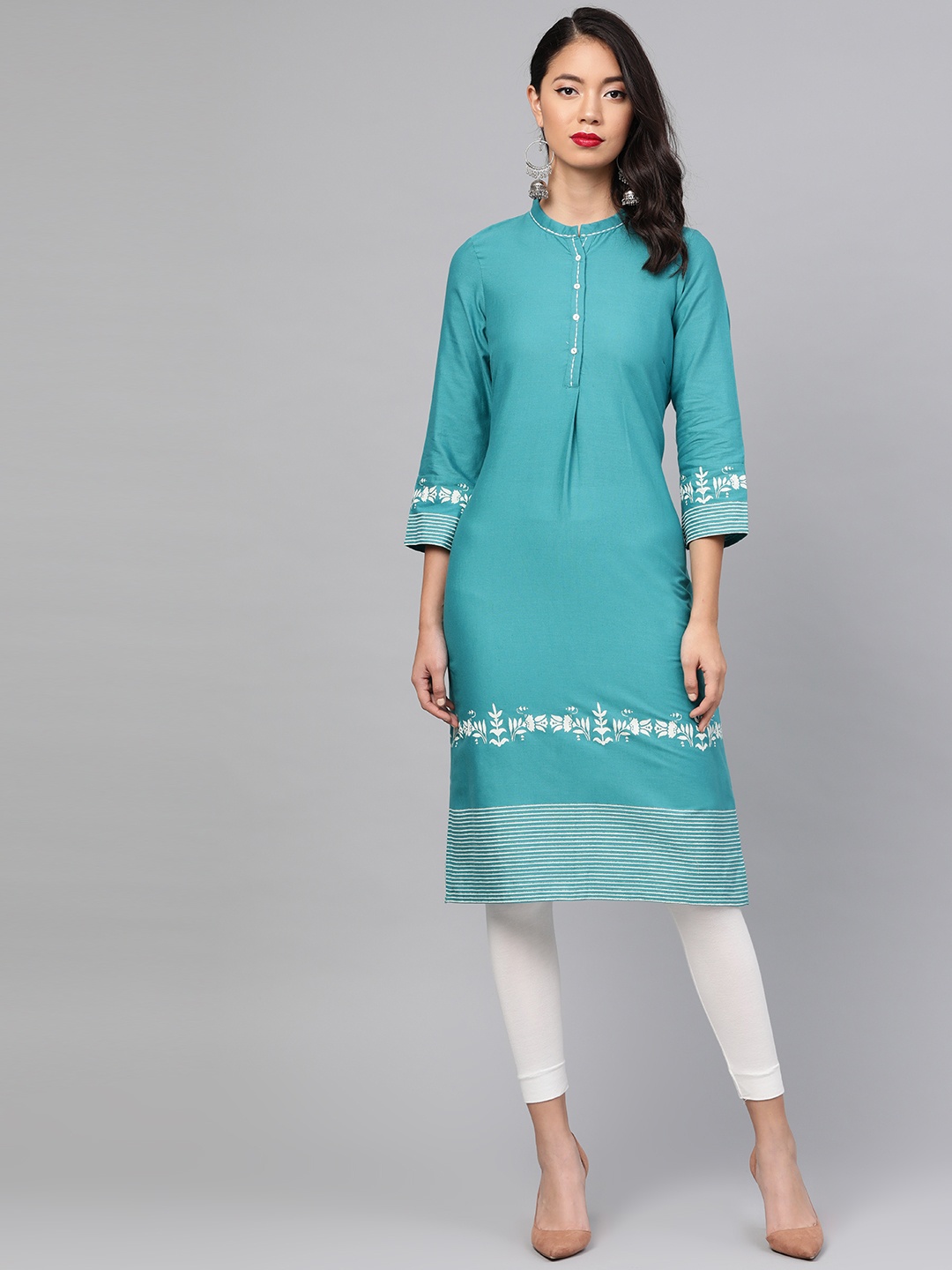 

W Women Straight Cotton Kurta, Teal