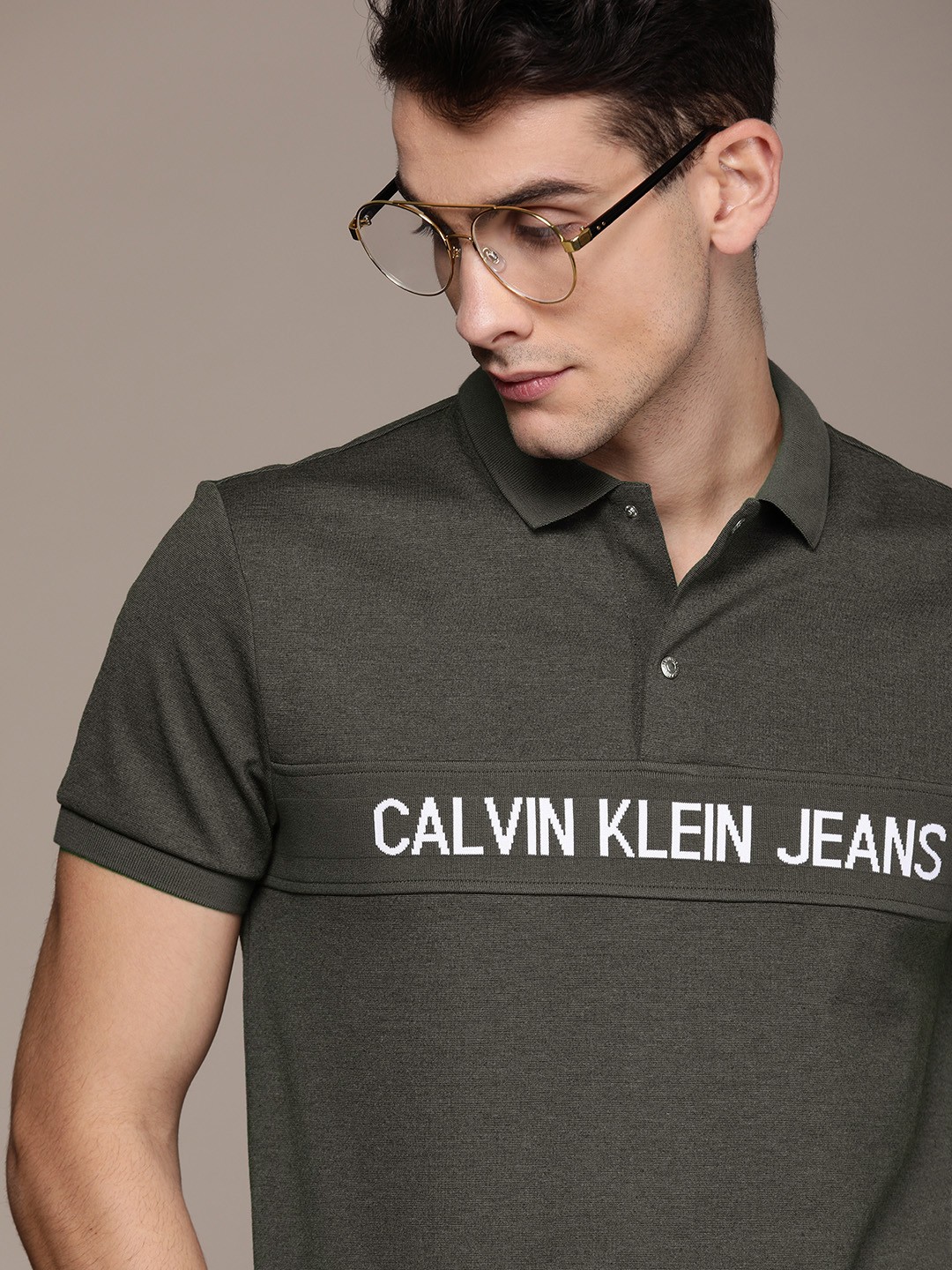 

Calvin Klein Jeans Men Charcoal Grey Printed Polo Collar T-shirt