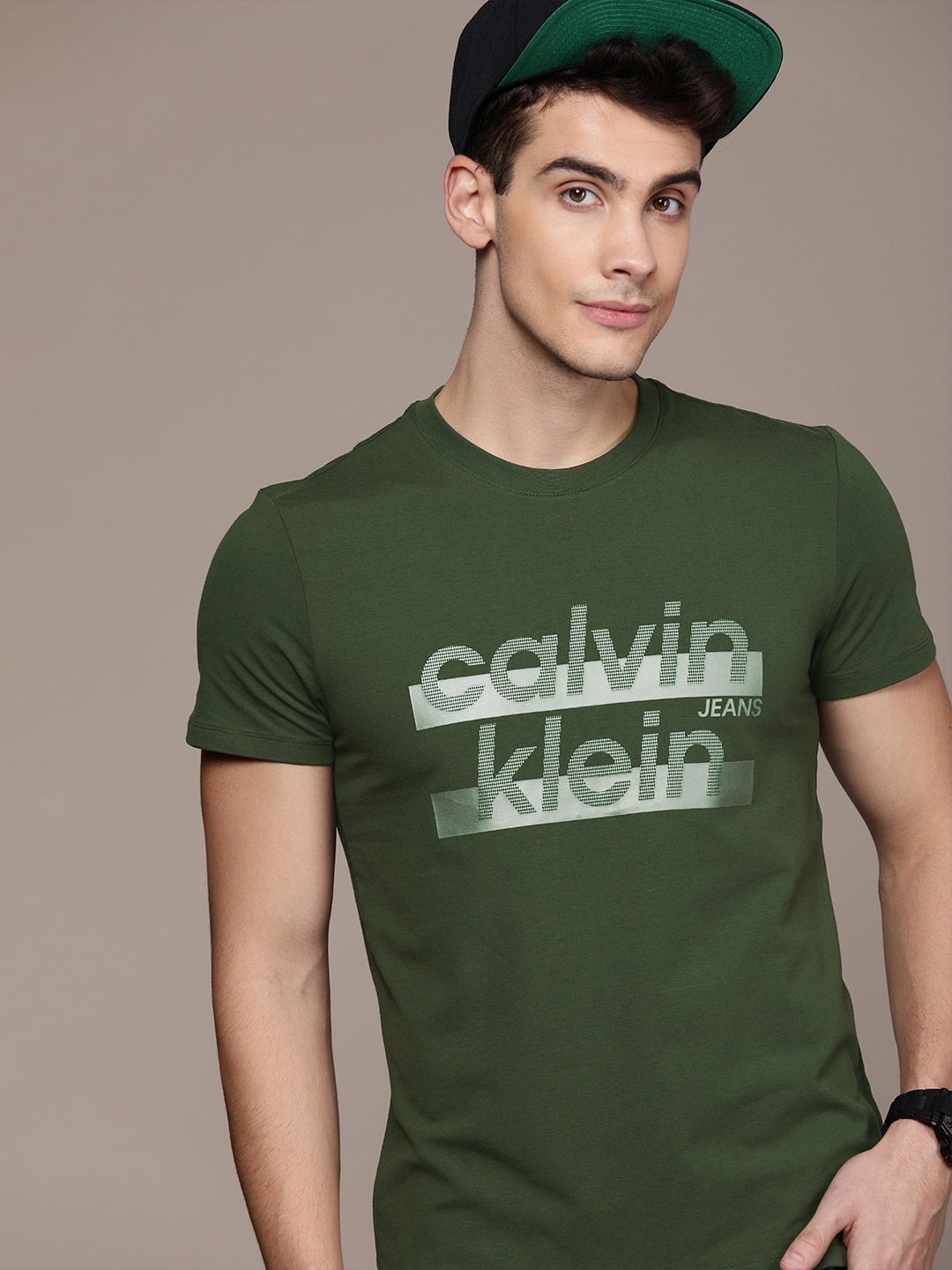 

Calvin Klein Jeans Men Olive Green Slim Fit Printed Round Neck T-shirt