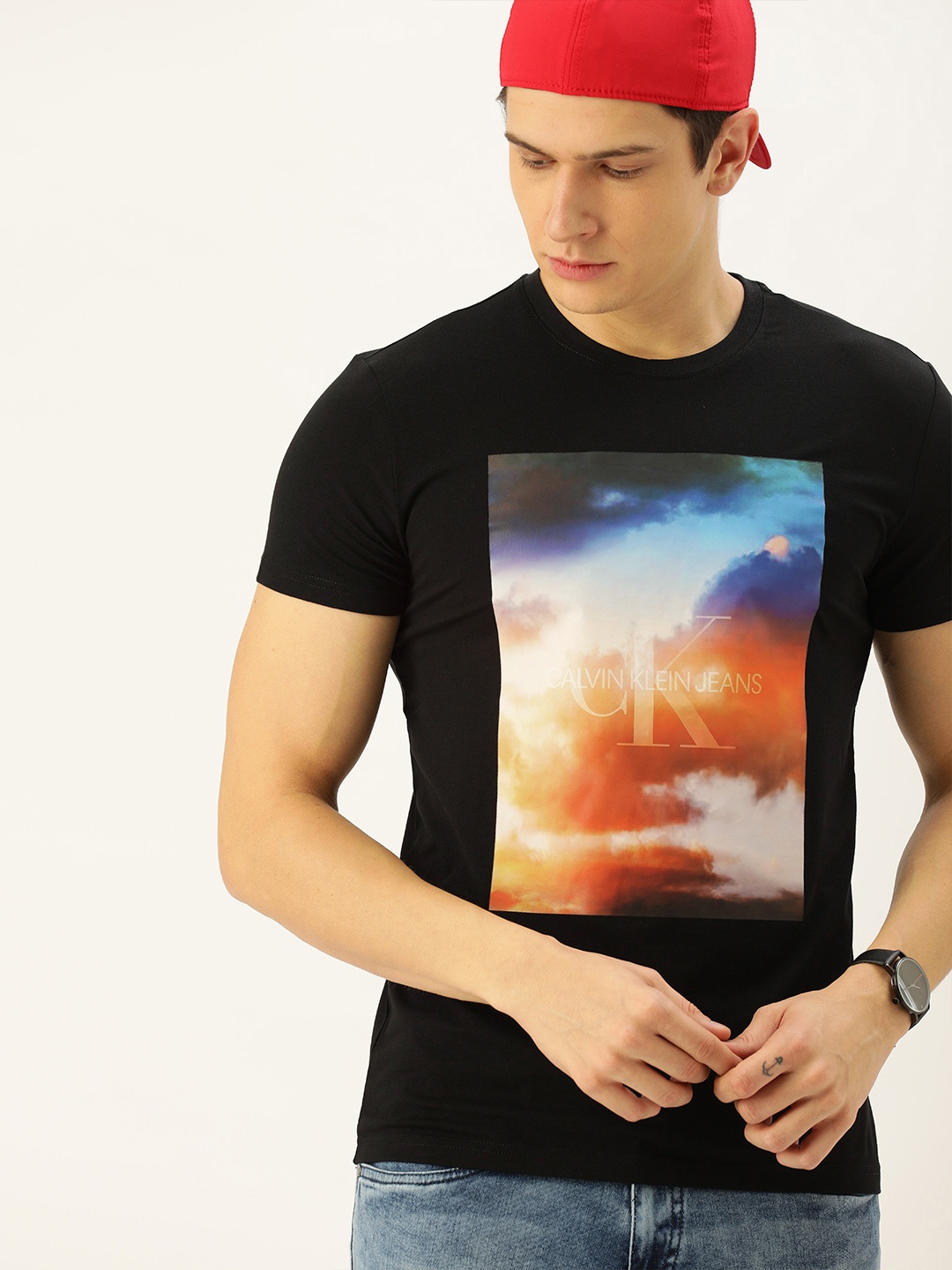 

Calvin Klein Jeans Men Black Printed Slim Fit Round Neck T-shirt