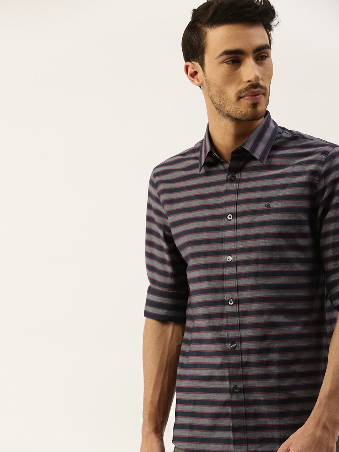 

Calvin Klein Jeans Men Navy Blue & Grey Regular Fit Striped Casual Shirt