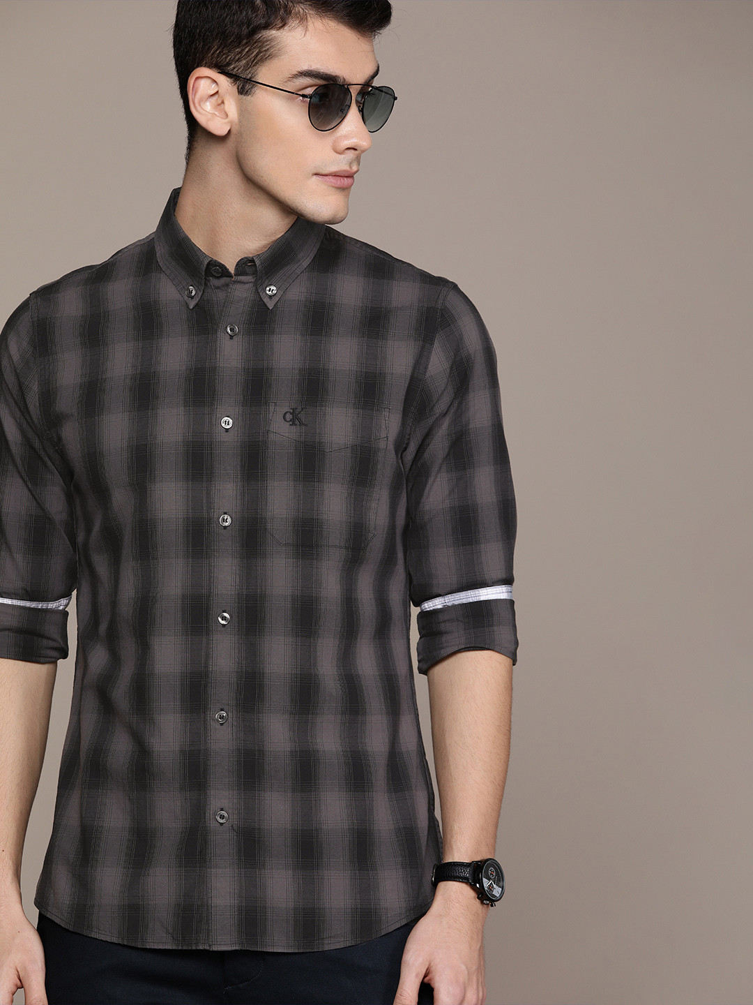 

Calvin Klein Jeans Men Black & Charcoal Grey Slim Fit Checked Casual Shirt