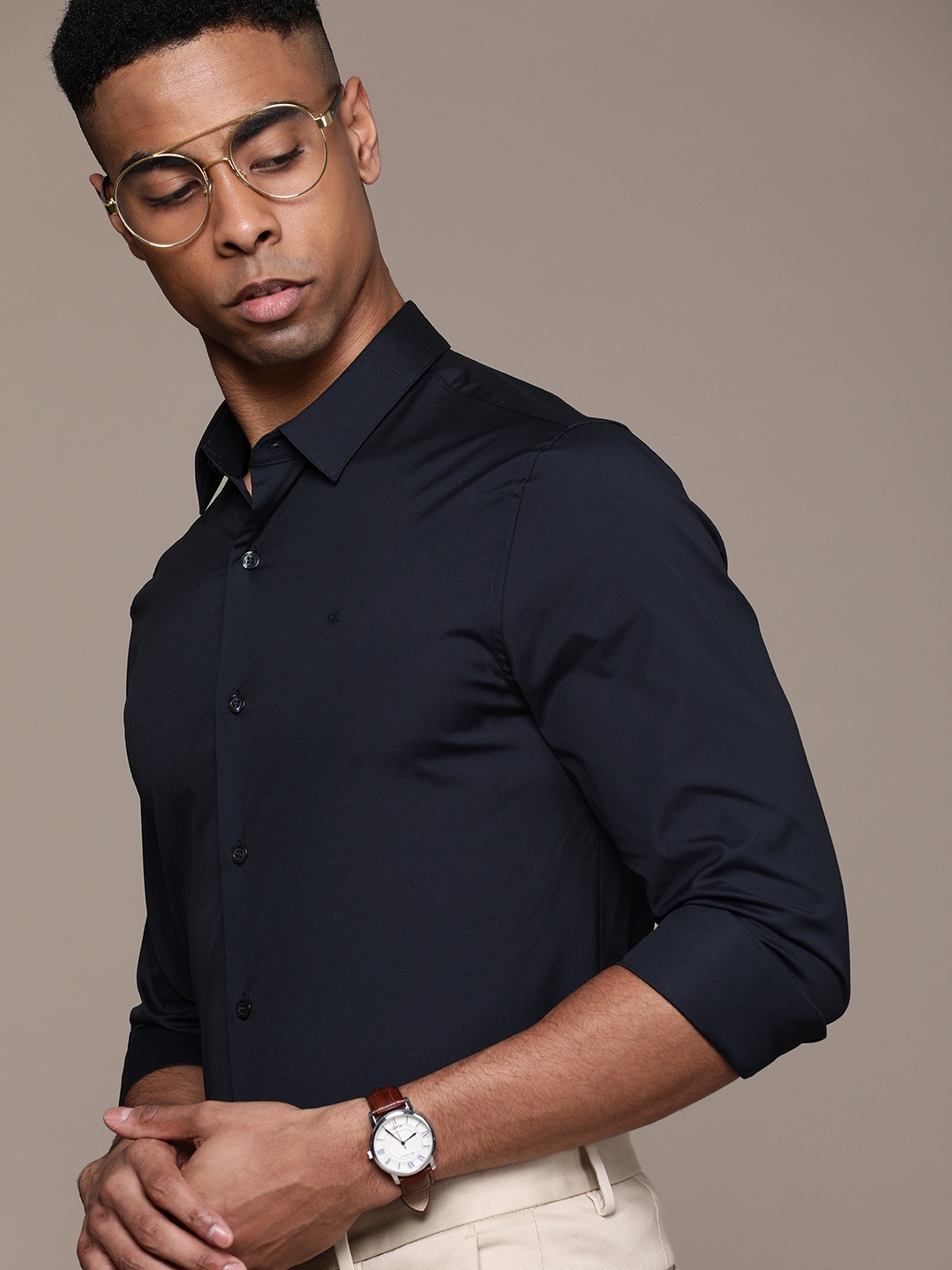 

Calvin Klein Jeans Men Navy Blue Slim Fit Solid Smart Casual Shirt