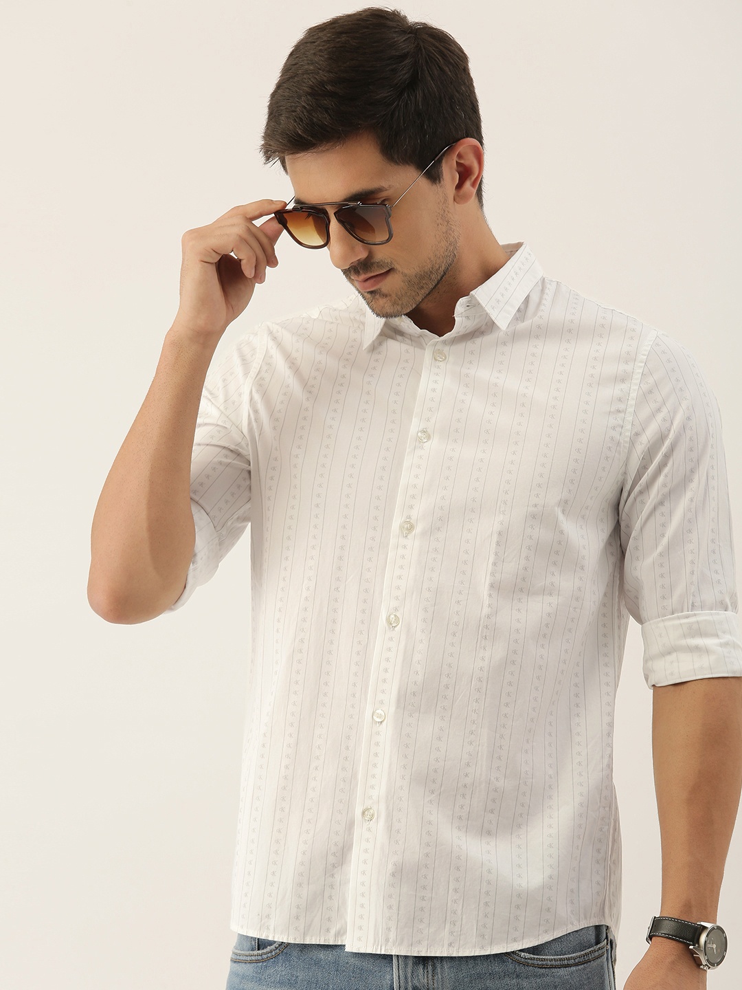 

Calvin Klein Jeans Men White & Grey Slim Fit Striped Casual Shirt with Logo