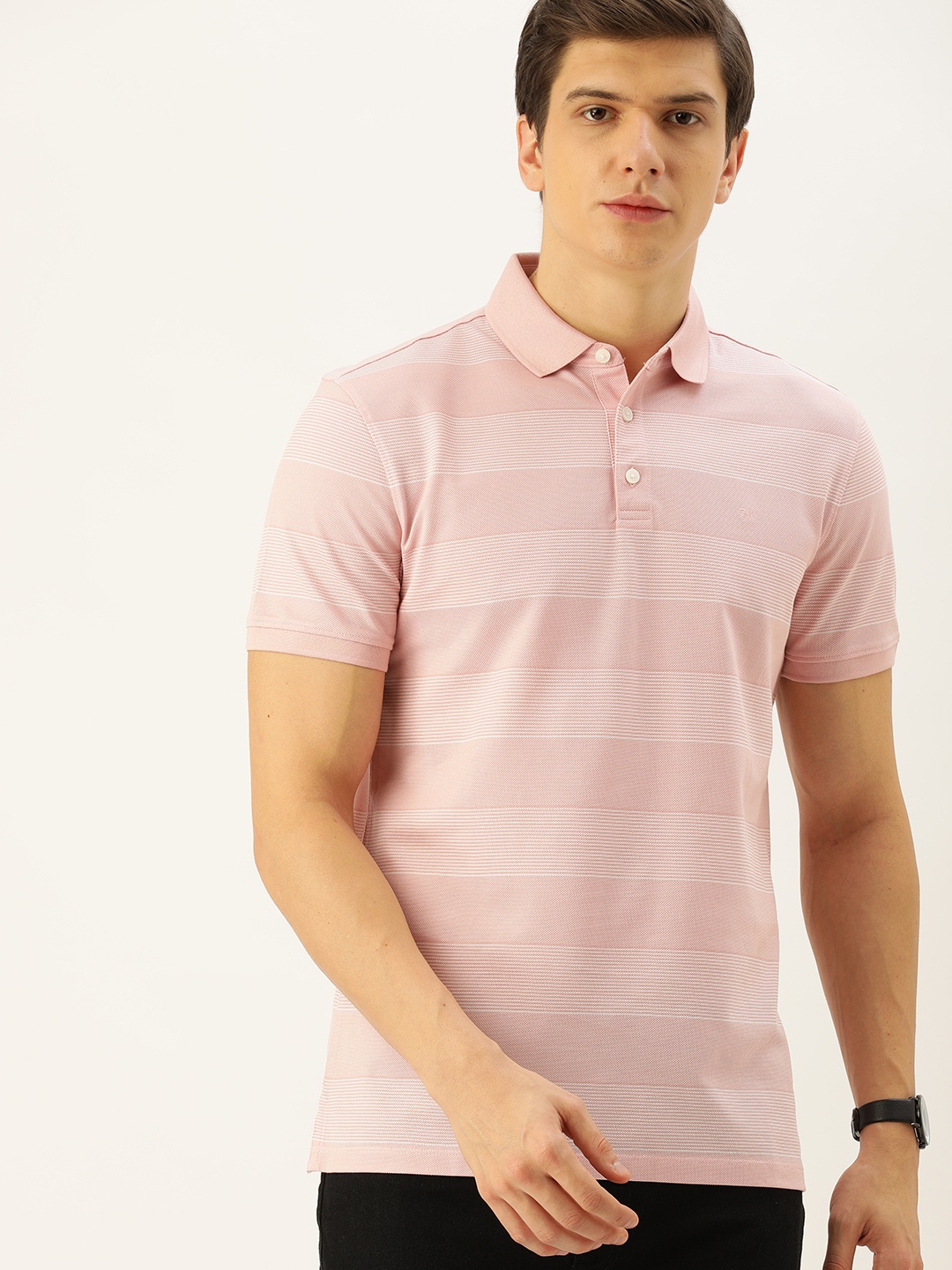 

Calvin Klein Jeans Men Pink Off-White Striped Polo Collar Pure Cotton T-shirt