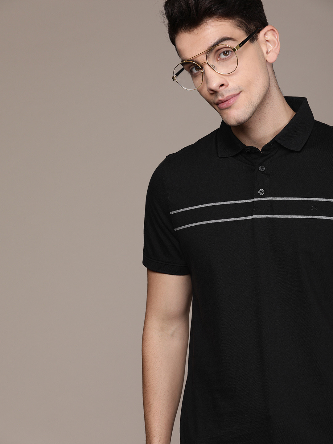 

Calvin Klein Jeans Men Black Grey Striped Polo Collar Pure Cotton T-shirt
