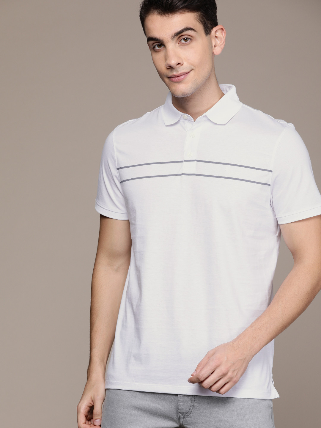 

Calvin Klein Jeans Men White Grey Striped Polo Collar Pure Cotton T-shirt