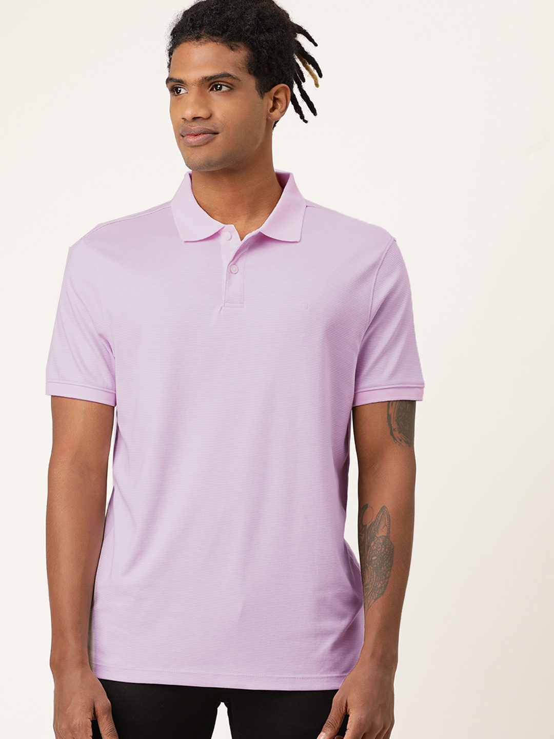 

Calvin Klein Jeans Men Lavender Striped Polo Collar Pure Cotton T-shirt