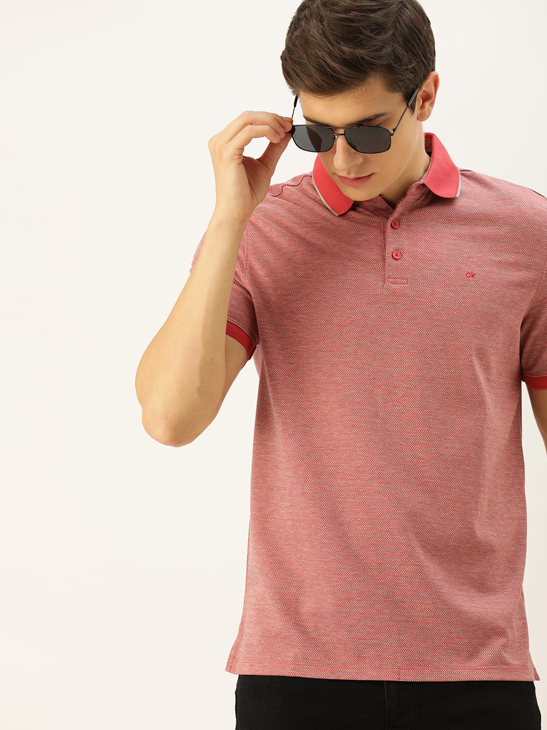 

Calvin Klein Jeans Men Red Self Design Polo Collar Pure Cotton T-shirt