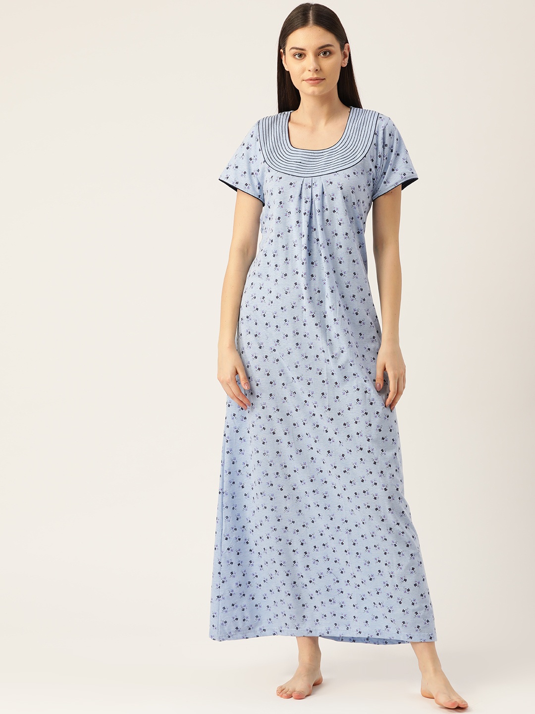 

Sweet Dreams Women Blue & Maroon Floral Print Maxi Nightdress with Thread-Work