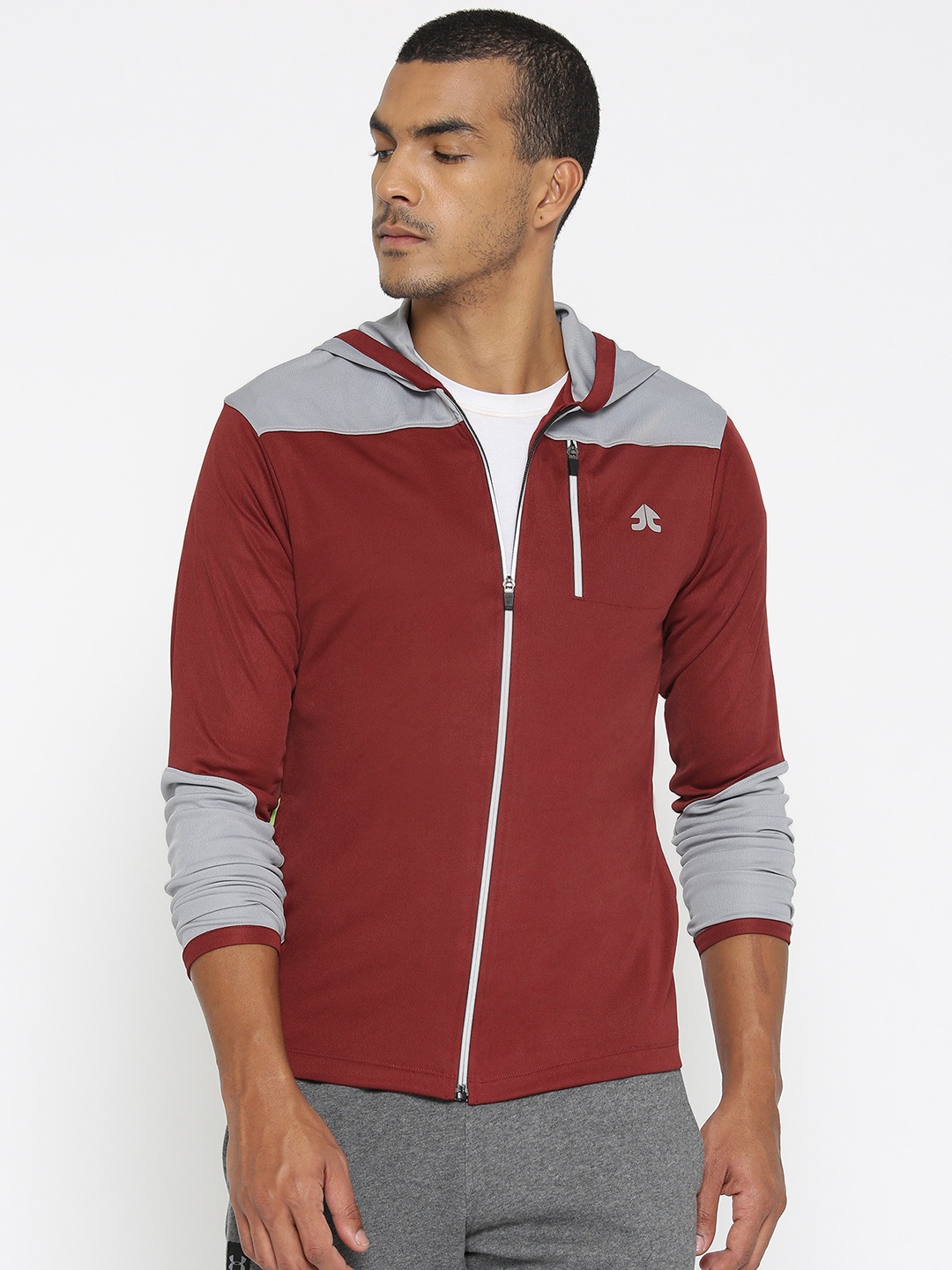 

OFF LIMITS Men Maroon & Grey Colourblocked Hooded Sporty Jacket