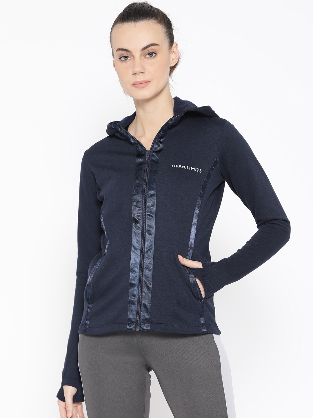 

OFF LIMITS Women Navy Blue Solid Training Hooded Sporty Sweatshirt