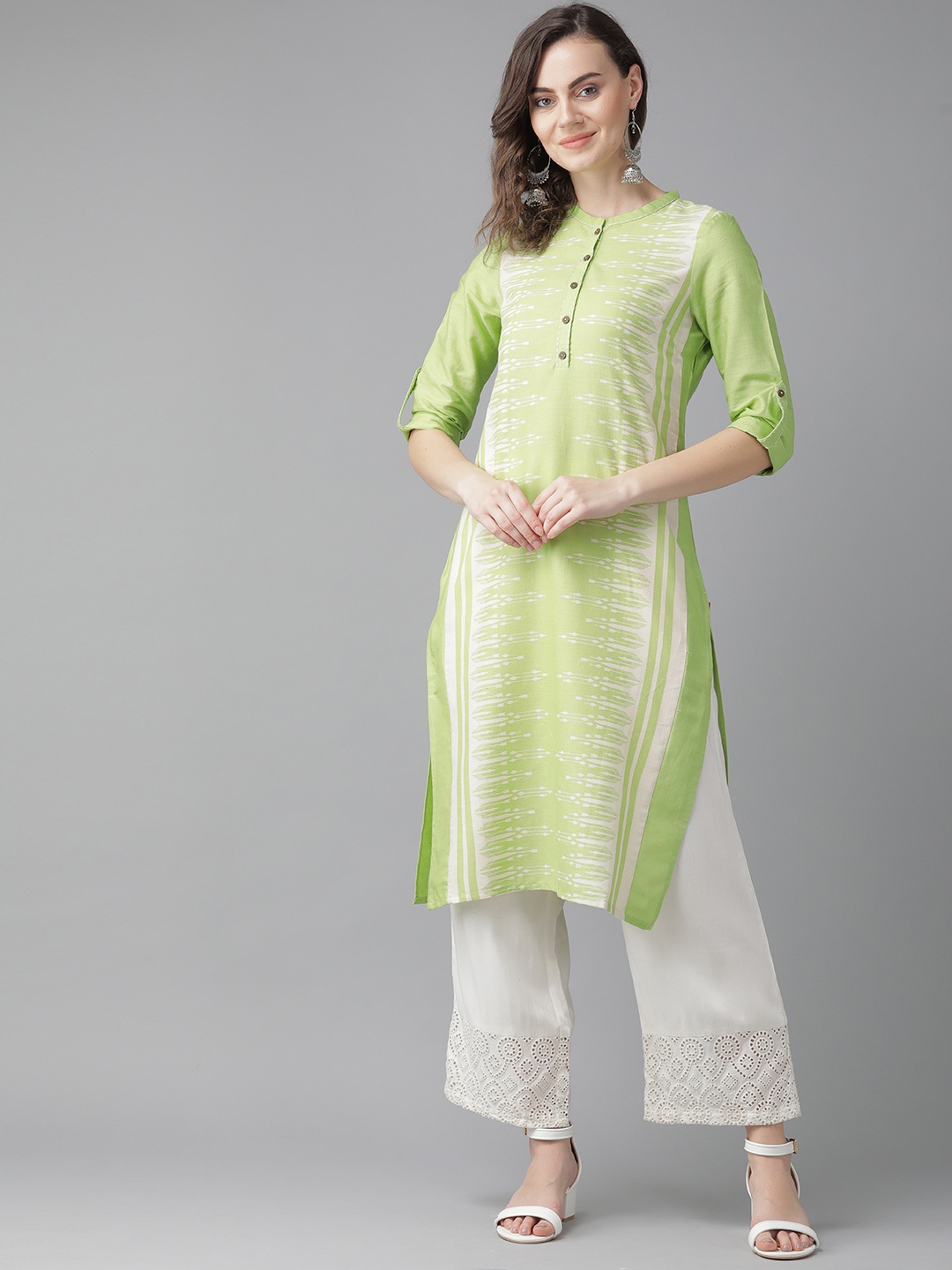 

W Women Green & Off-White Printed Straight Kurta