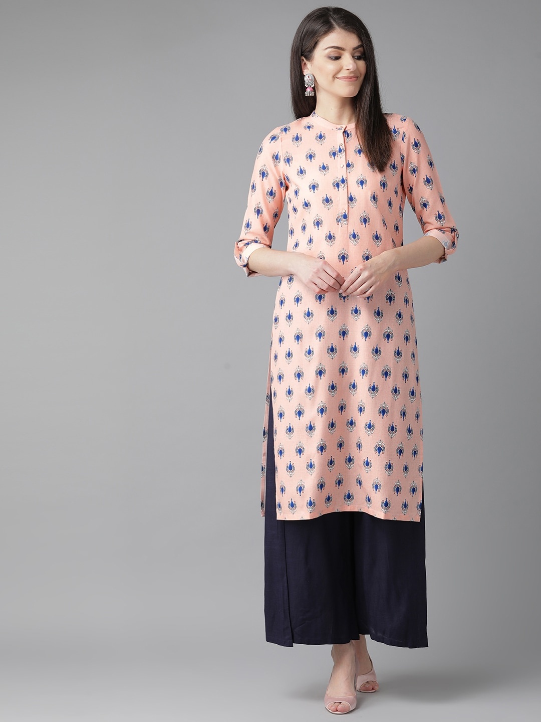 

W Women Peach-Coloured & Navy Blue Printed Straight Sustainable Kurta