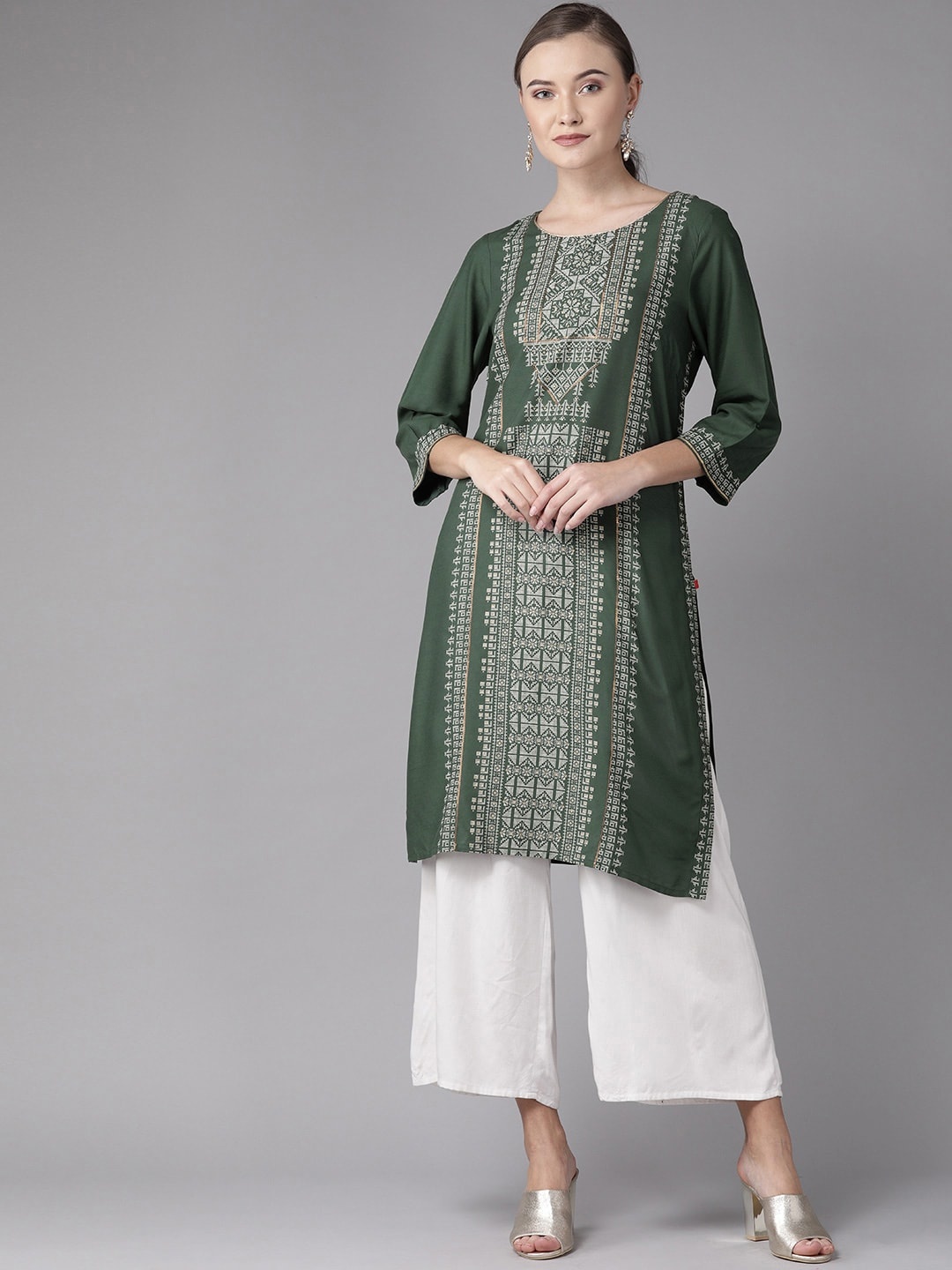 

W Women Green & Off-White Printed Straight Sustainable Kurta