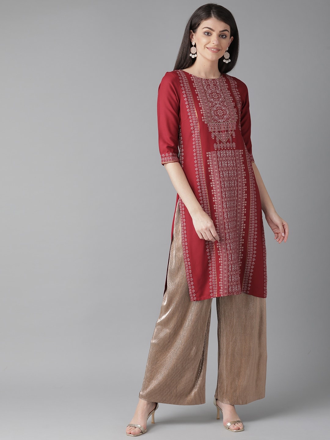 

W Women Maroon & Off-White Printed Straight Sustainable Kurta